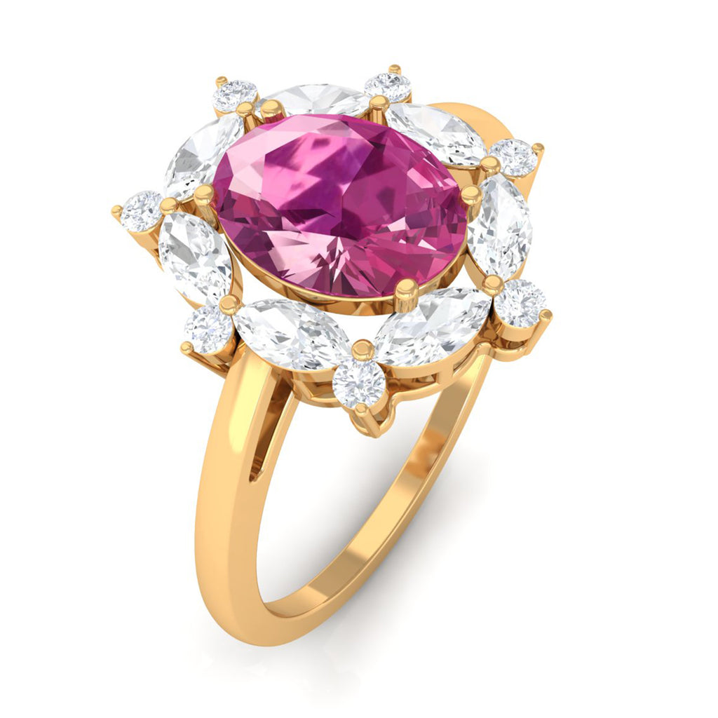 Oval Pink Tourmaline Designer Engagement Ring with Moissanite Halo Pink Tourmaline - ( AAA ) - Quality - Rosec Jewels