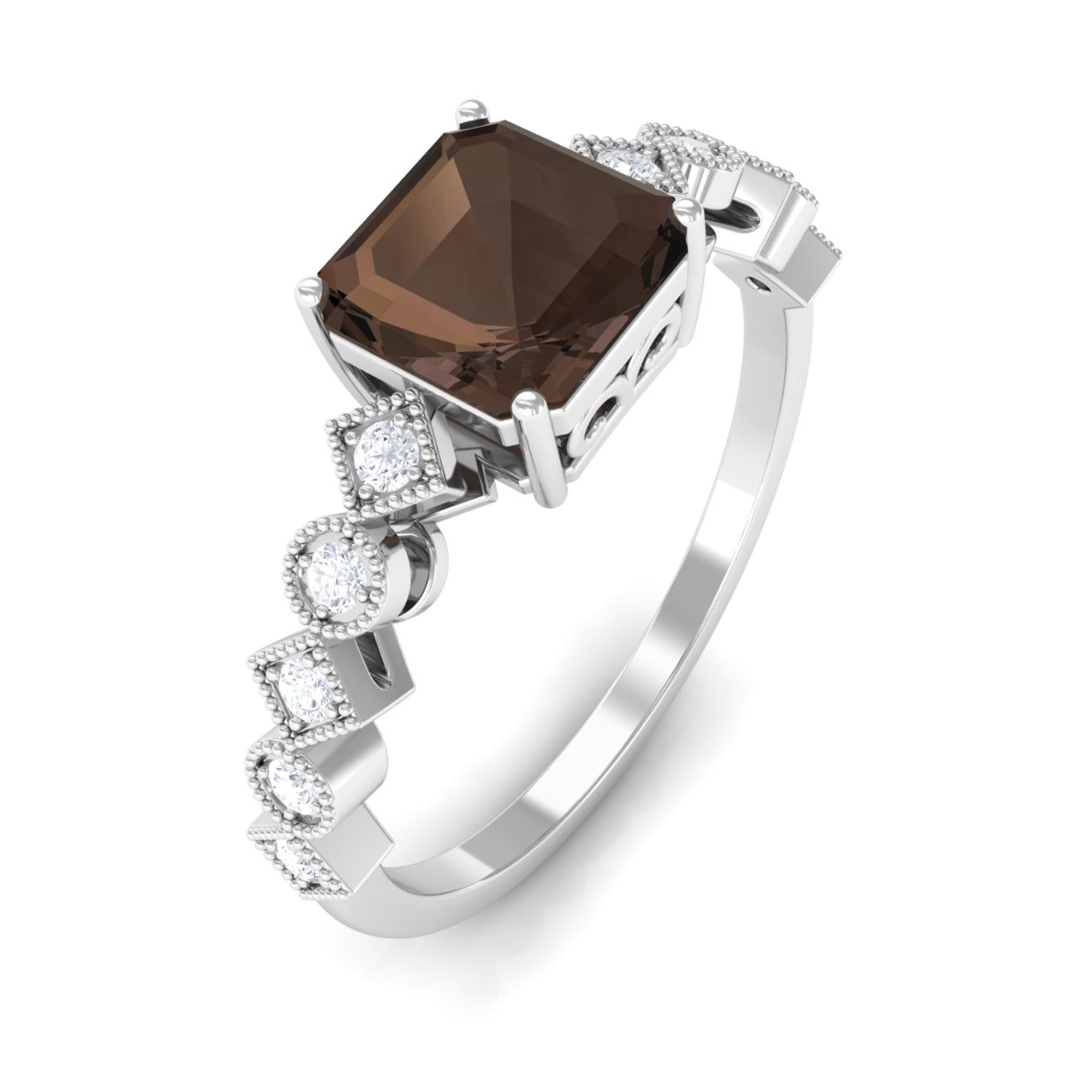 1.5 CT Asscher Cut Smoky Quartz Solitaire Engagement Ring with Diamond Smoky Quartz - ( AAA ) - Quality - Rosec Jewels