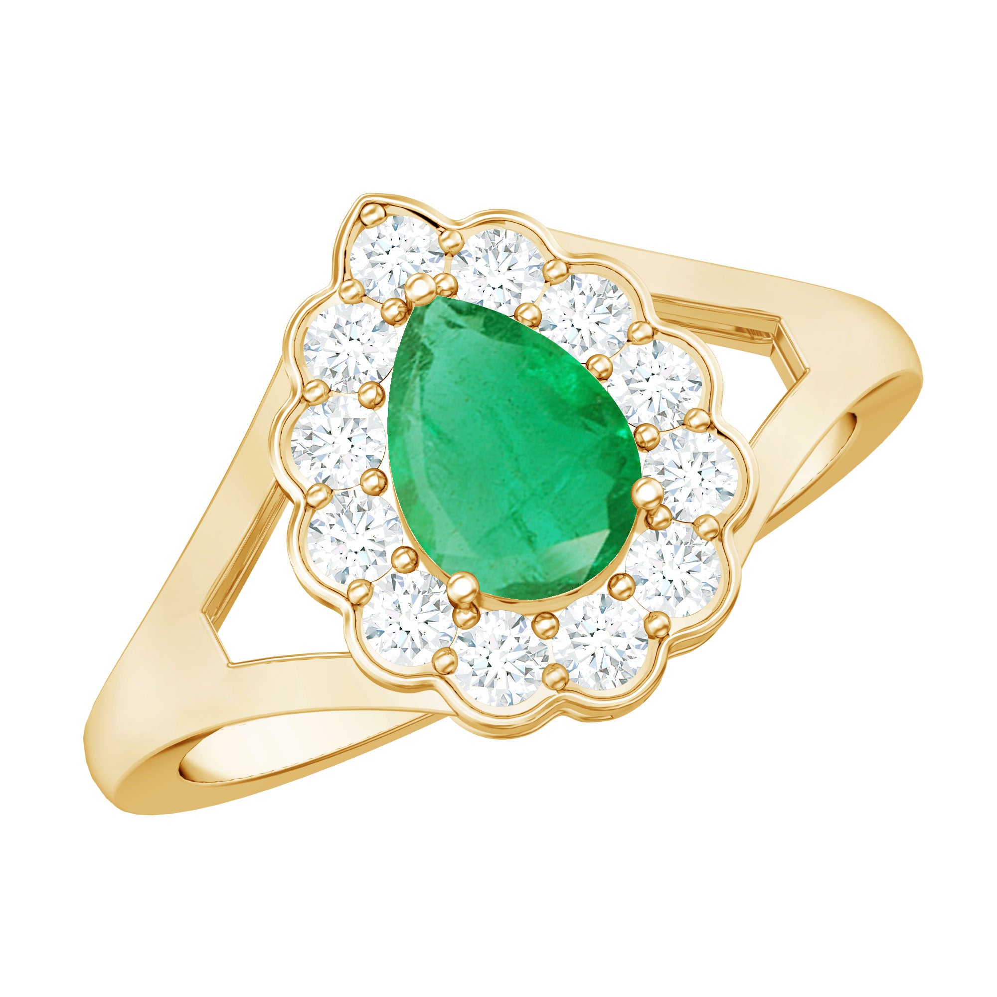 5X7 mm Pear Cut Emerald Engagement Ring with Diamond Halo AAA - Rosec Jewels