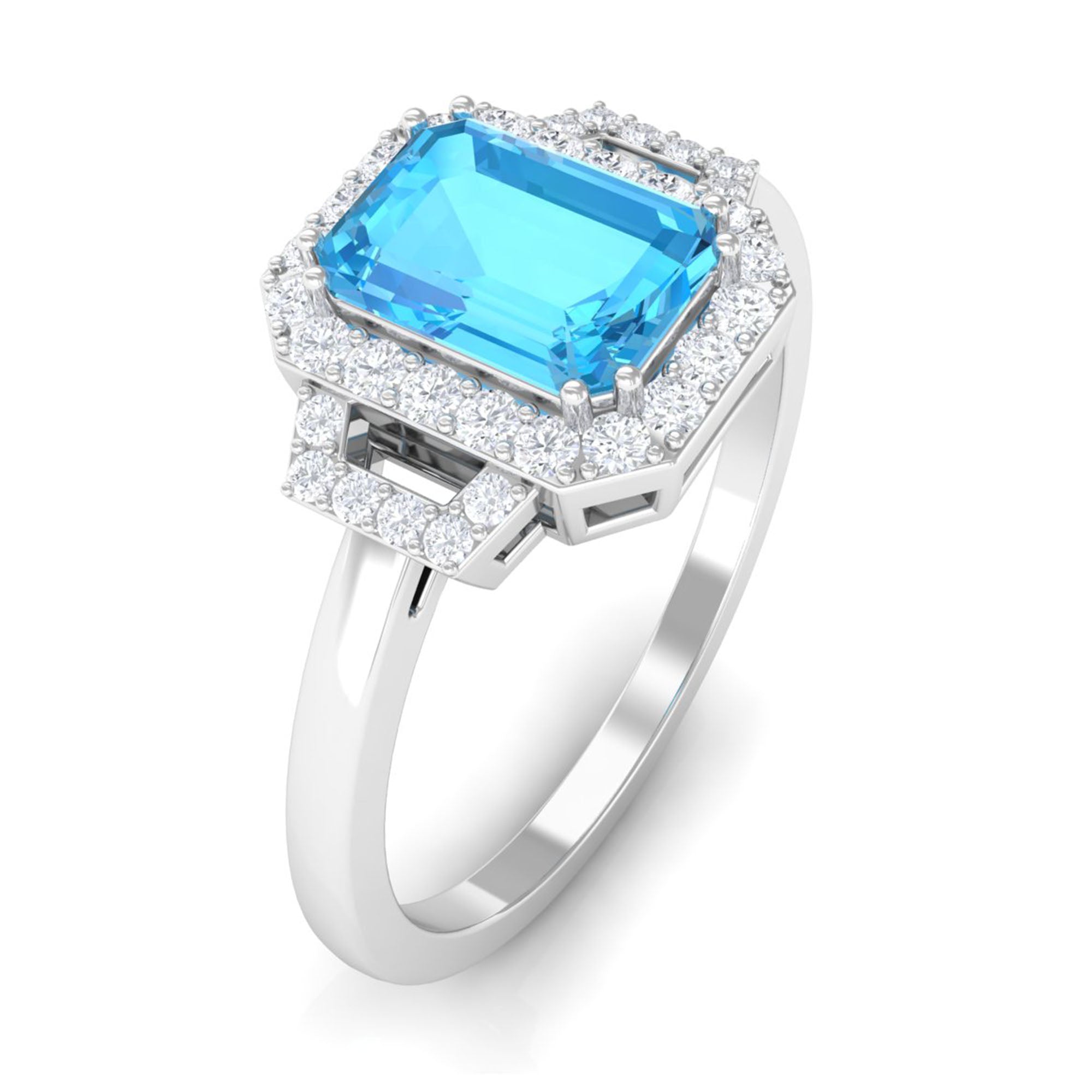 Emerald Cut Swiss Blue Topaz and Diamond Statement Engagement Ring Swiss Blue Topaz - ( AAA ) - Quality - Rosec Jewels