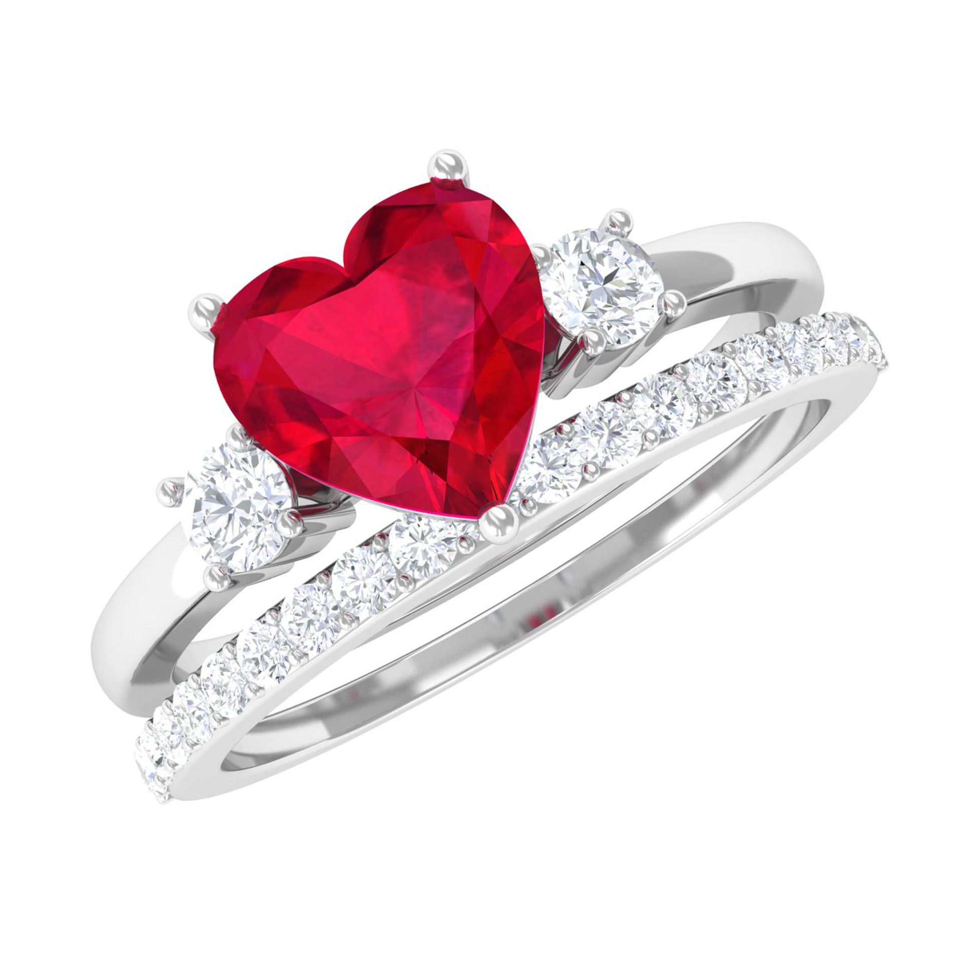 Heart Shape Created Ruby Ring Set with Diamond Enhancer Lab Created Ruby - ( AAAA ) - Quality - Rosec Jewels