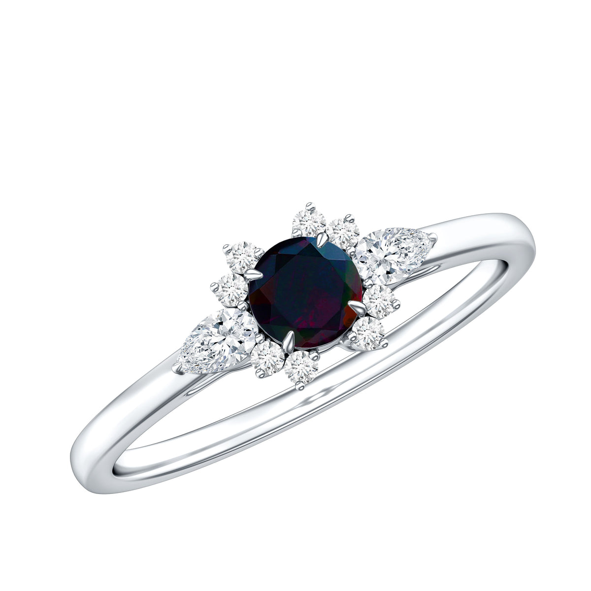 Claw Set Round Black Opal and Diamond Promise Ring