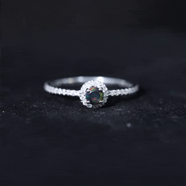 3/4 CT Minimal Black Opal Engagement Ring with Diamond Halo Black Opal - ( AAA ) - Quality - Rosec Jewels