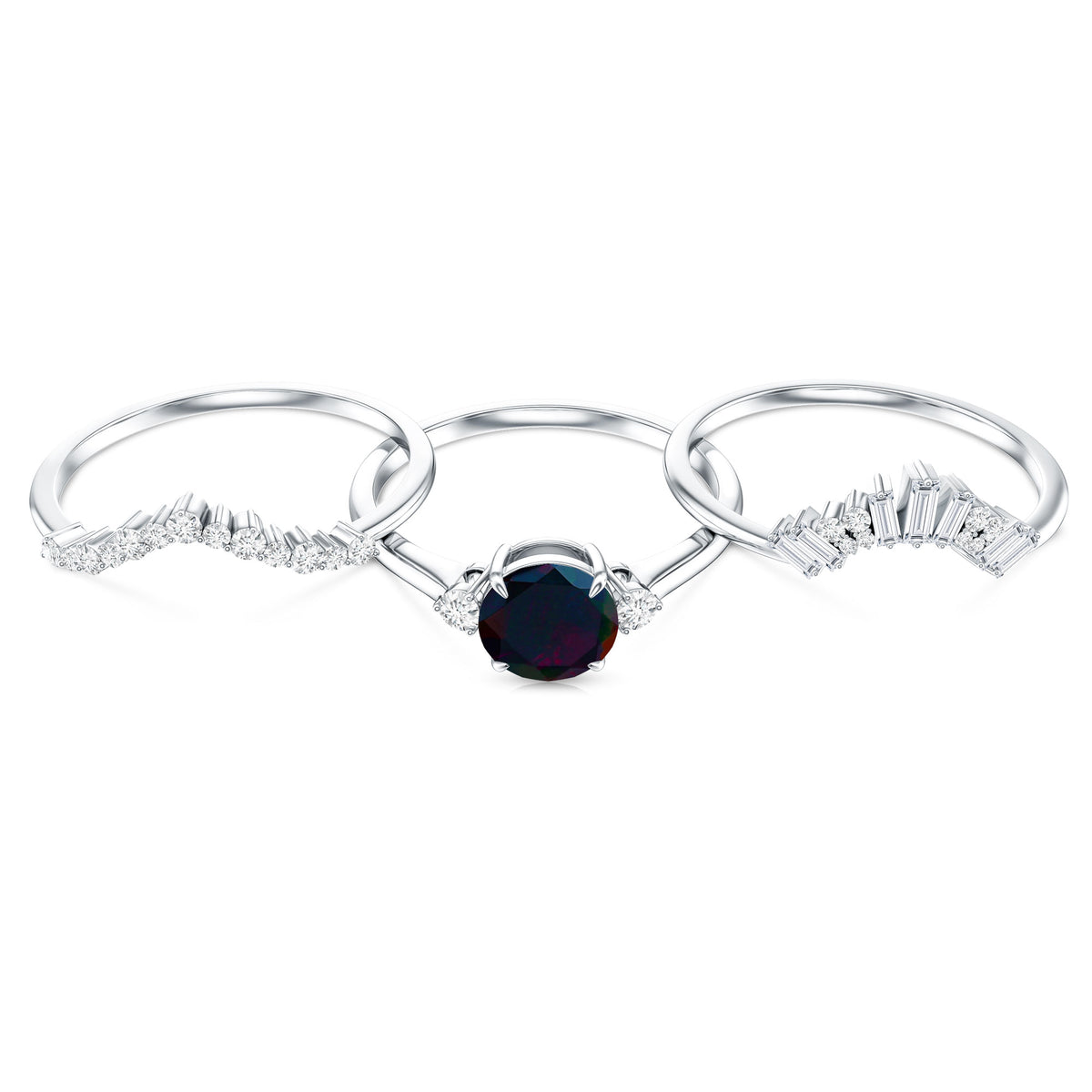 Black Opal Designer Trio Wedding Ring Set with Diamond AAA - Rosec Jewels