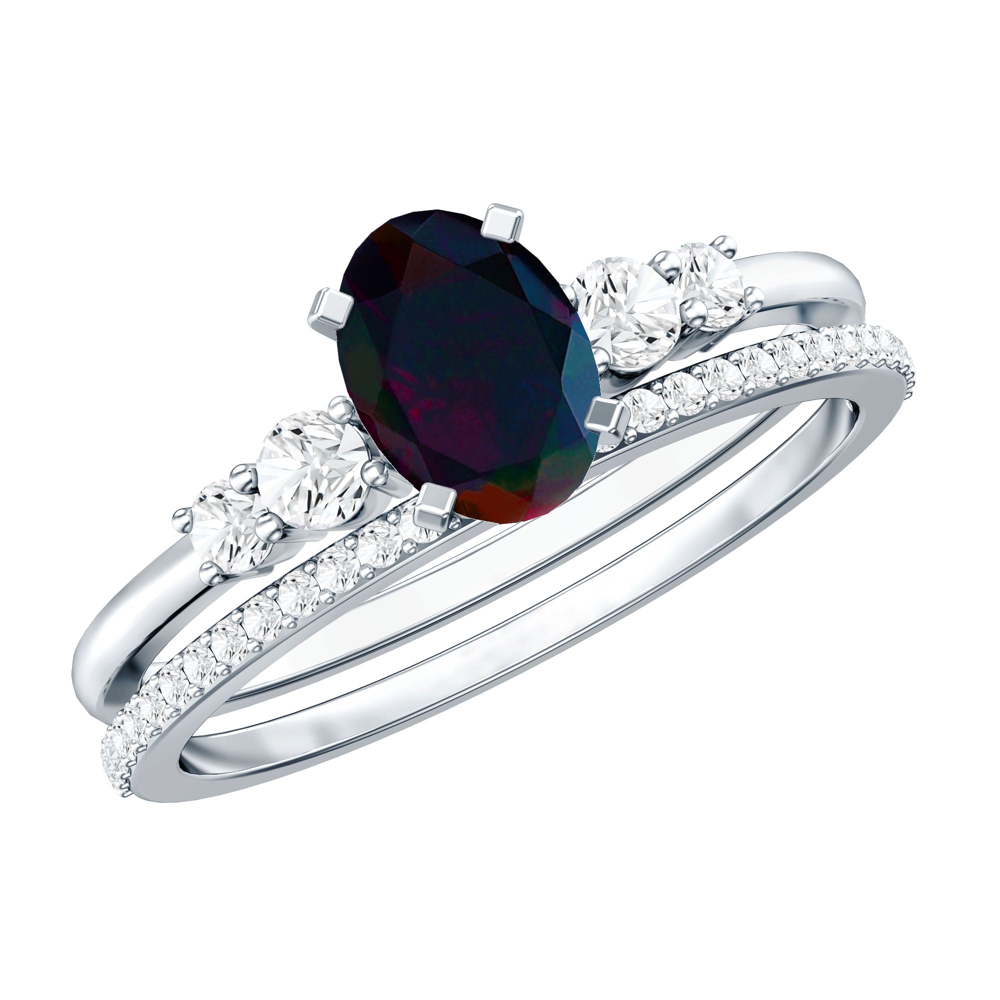 1 CT Black Opal and Diamond Oval Wedding Ring Set AAA - Rosec Jewels