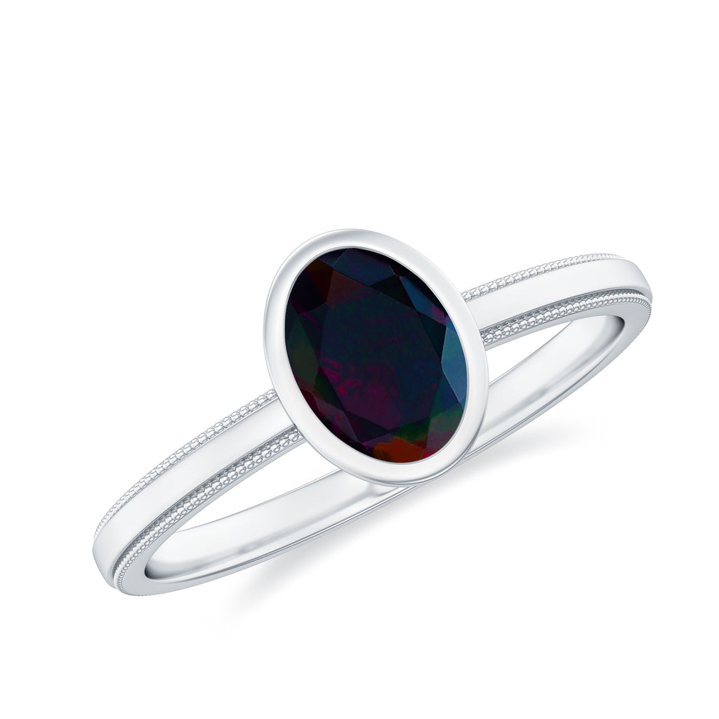 1 CT October Birthstone Oval Cut Black Opal Solitaire Engagement Ring Black Opal - ( AAA ) - Quality - Rosec Jewels