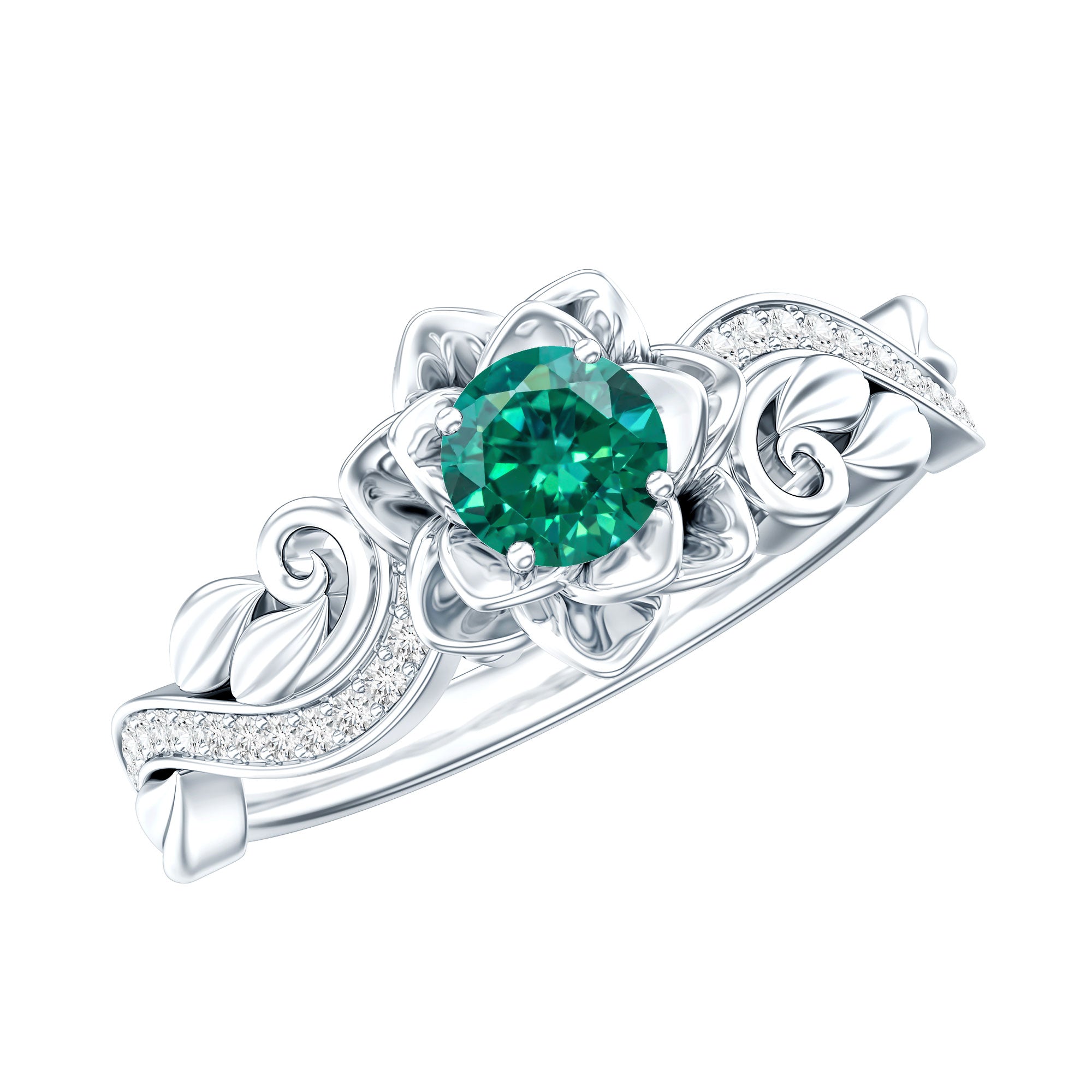 Lab Grown Emerald Diamond Flower Engagement Ring with Certificate AAAA - Rosec Jewels