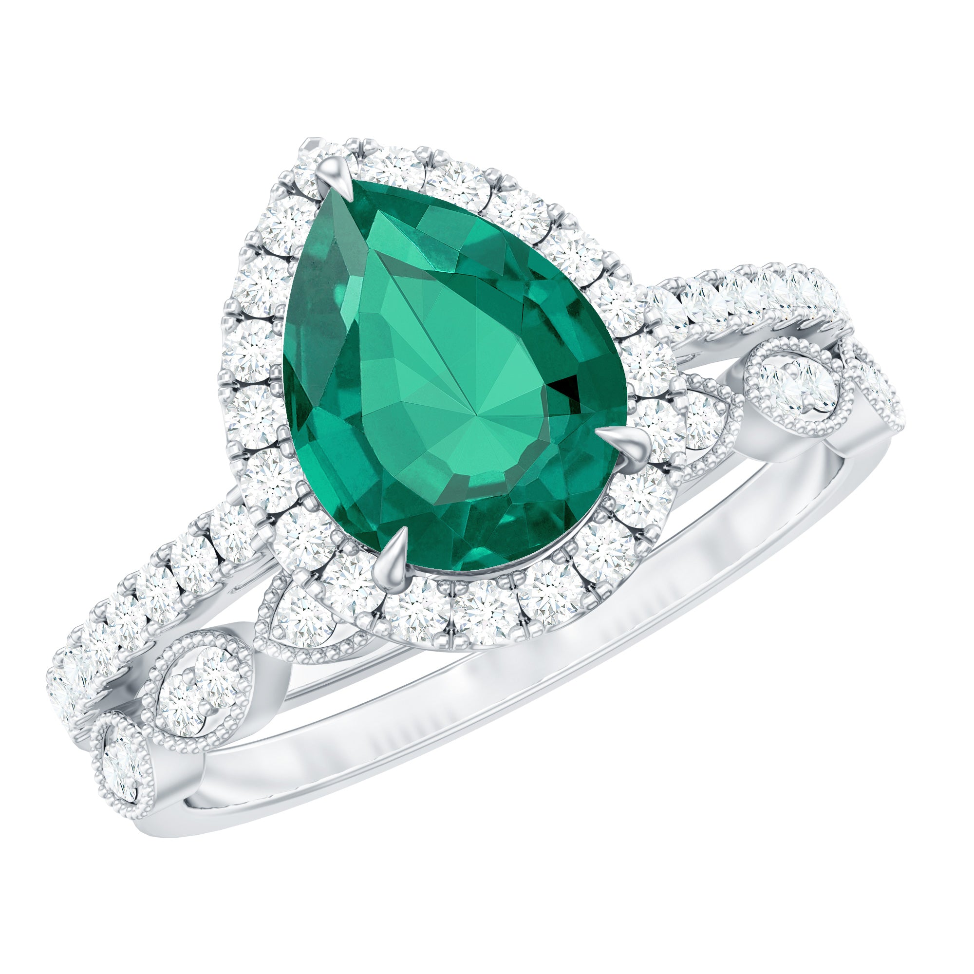 Designer Lab Grown Emerald Diamond Teardrop Engagement Ring with Wedding Band
