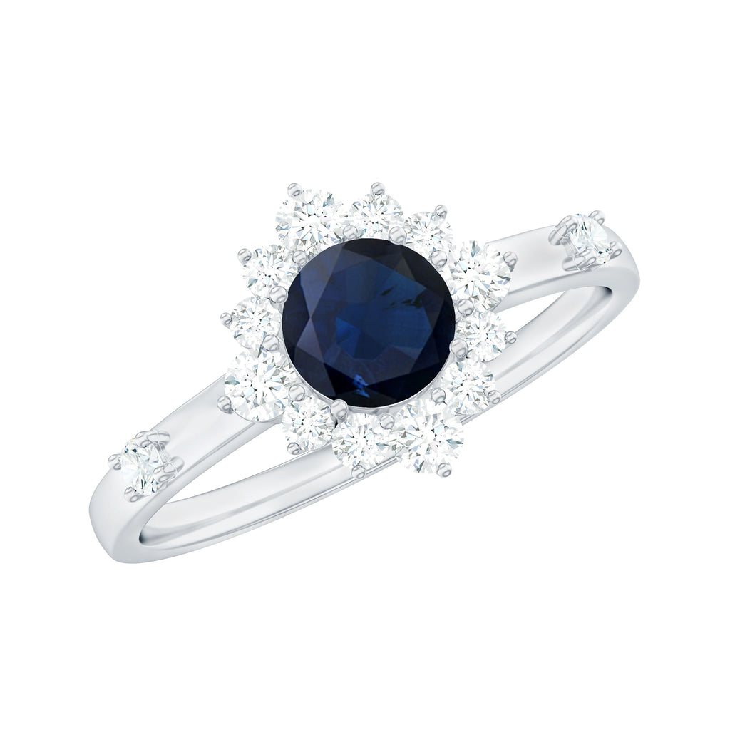 1 CT Blue Sapphire Classic Halo Engagement Ring with Diamond Blue Sapphire - ( AAA ) - Quality - Rosec Jewels