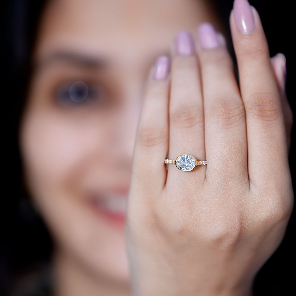 Oval Lab Grown Diamond Solitaire Engagement Ring in Bezel Setting Lab - ( EF-VS ) - Rosec Jewels