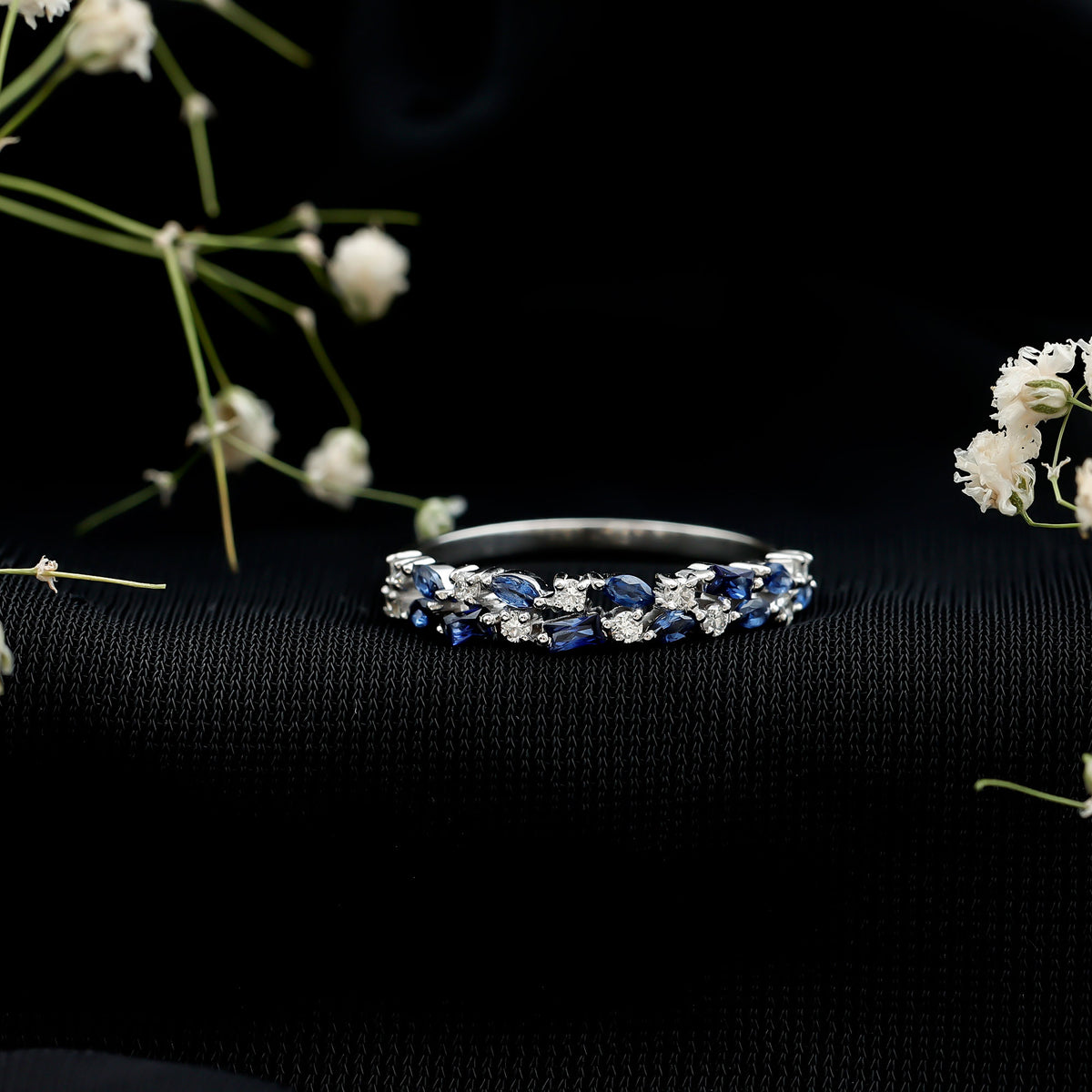 Certified Lab Grown Blue Sapphire Diamond Half Eternity Band Ring AAAA - Rosec Jewels