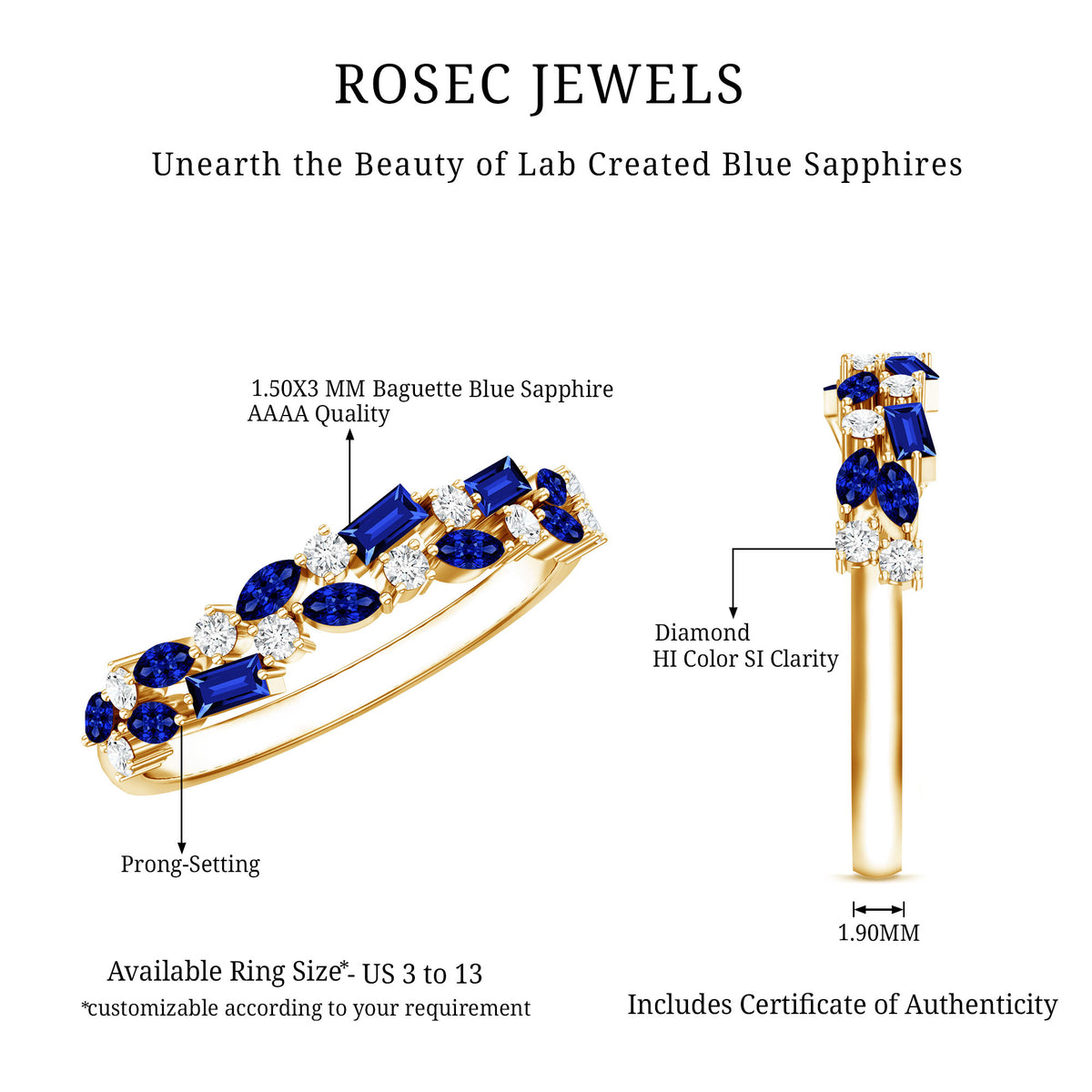 Certified Lab Grown Blue Sapphire Diamond Half Eternity Band Ring AAAA - Rosec Jewels