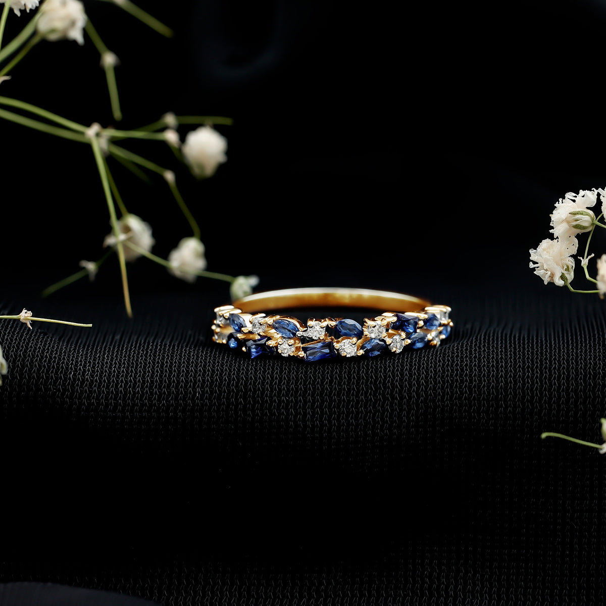 Certified Lab Grown Blue Sapphire Diamond Half Eternity Band Ring AAAA - Rosec Jewels