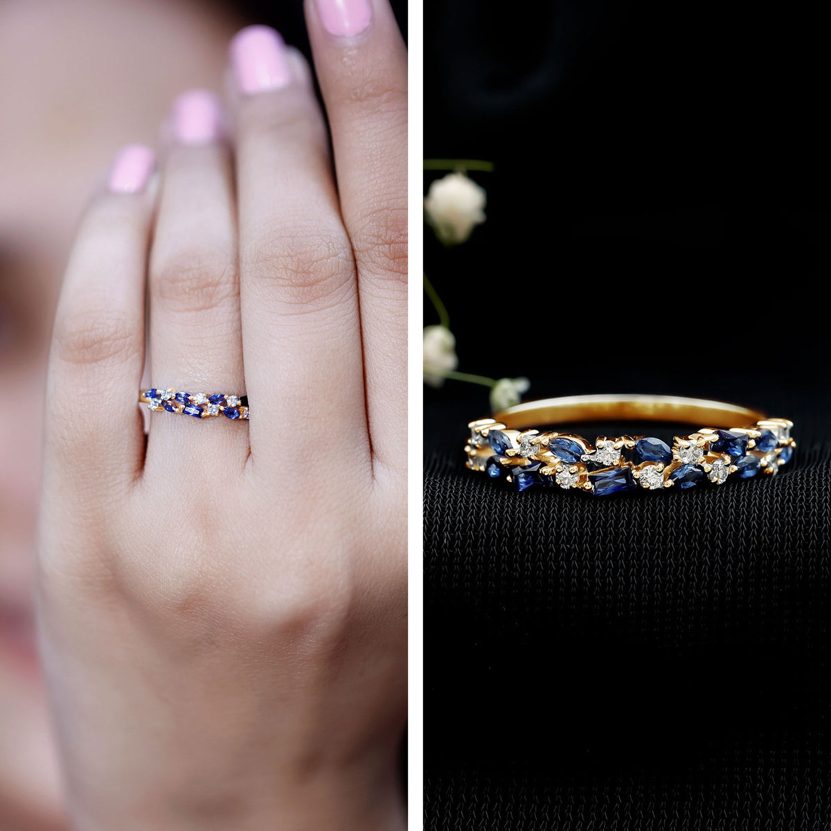 Certified Lab Grown Blue Sapphire Diamond Half Eternity Band Ring AAAA - Rosec Jewels