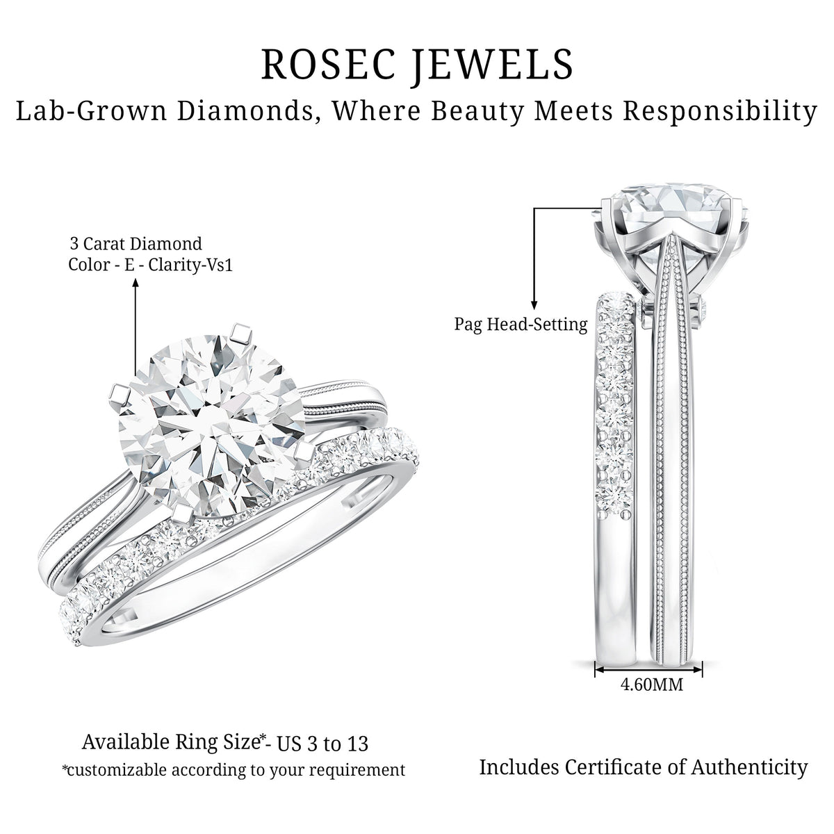 Rosec Jewels-IGI Documented 3 Carat Lab Grown Diamond Solitaire Bridal Ring Set
