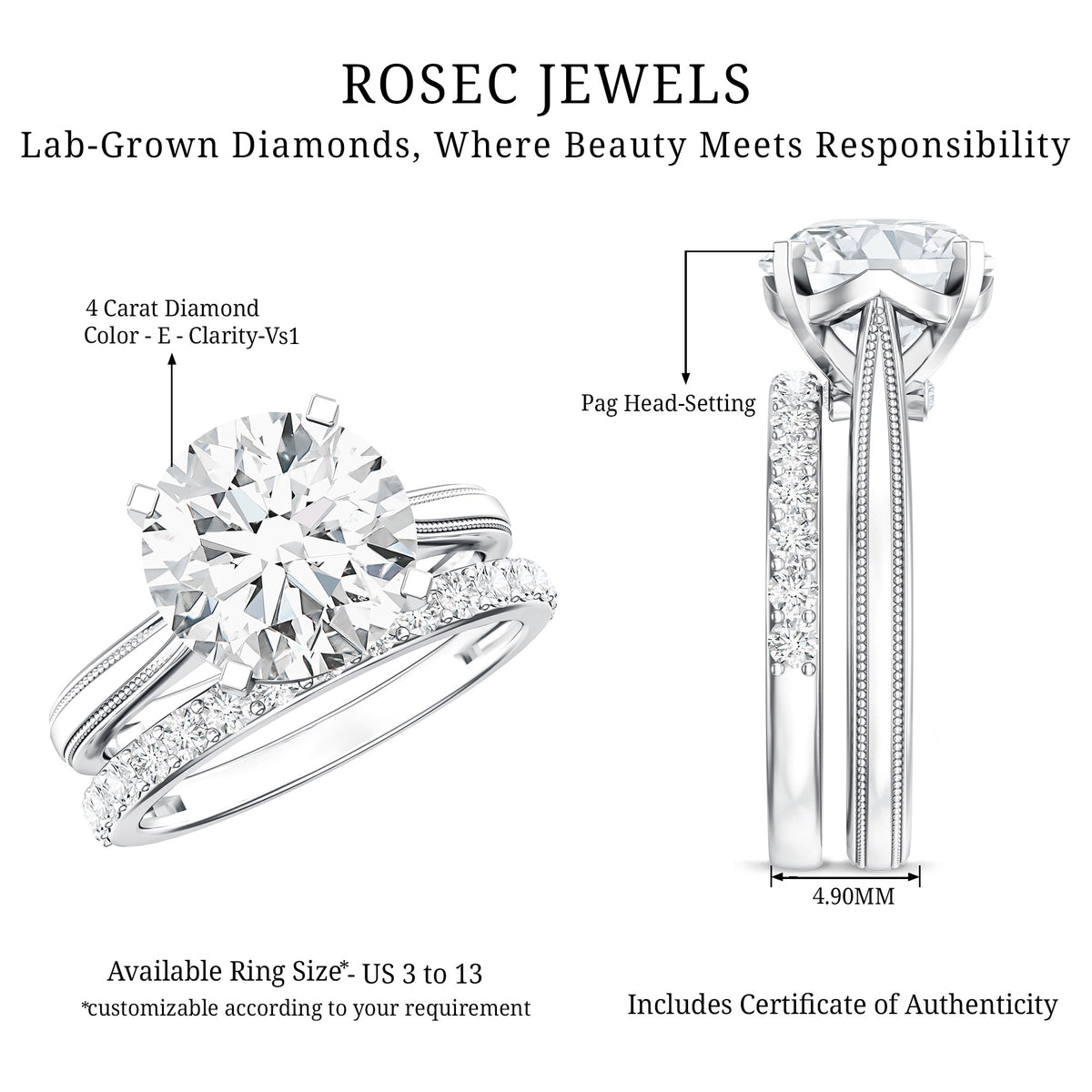 Rosec Jewels-Lab Grown 4 Carat Diamond Solitaire Wedding Ring Set with IGI Certificate