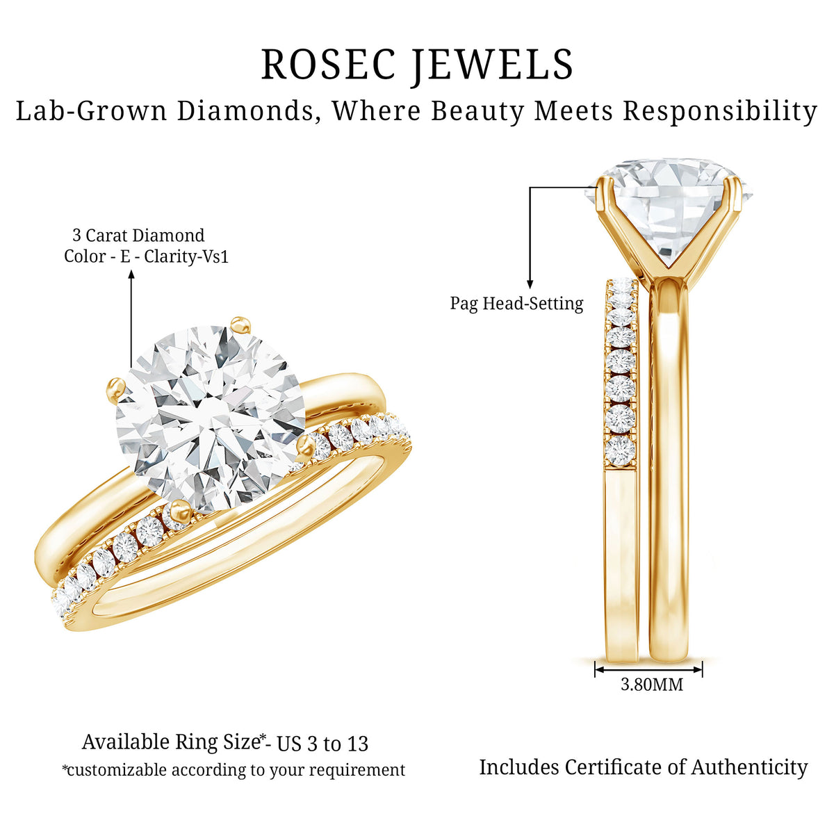 Round Shaped 3 Carat Lab Grown Diamond Solitaire Bridal Ring Set with IGI Certificate Lab - ( E-VS1 ) - Rosec Jewels