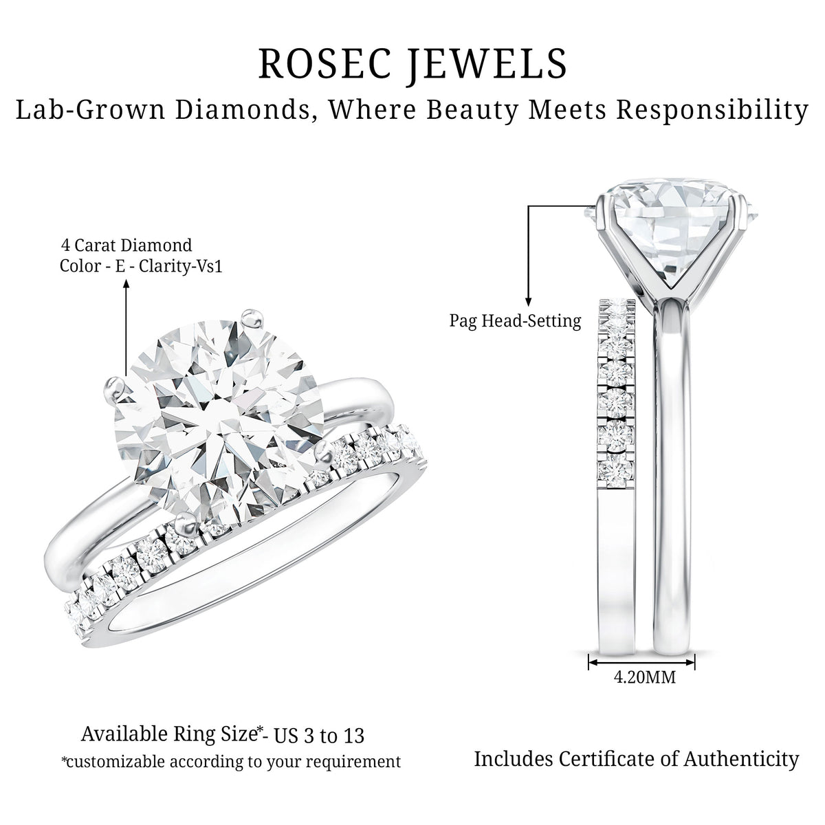 Rosec Jewels-IGI Graded 4 Carat Lab Diamond Round Engagement Ring with Enhancer