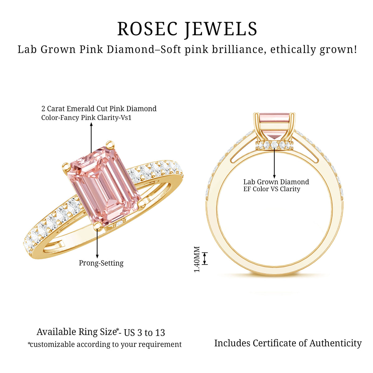 Lab Grown 2 Carat Pink Diamond Emerald Cut Engagement Ring IGI Verified Fancy Pink - VS1 - Rosec Jewels