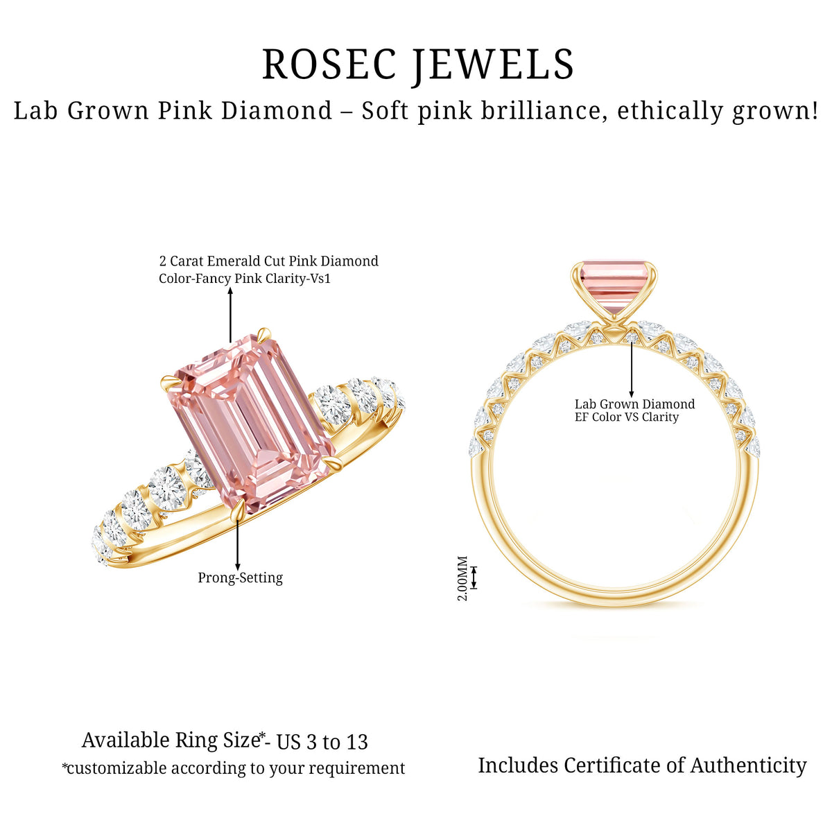 IGI Verified 2 Carat Lab Grown Pink Diamond Side Stone Engagement Ring Fancy Pink - VS1 - Rosec Jewels