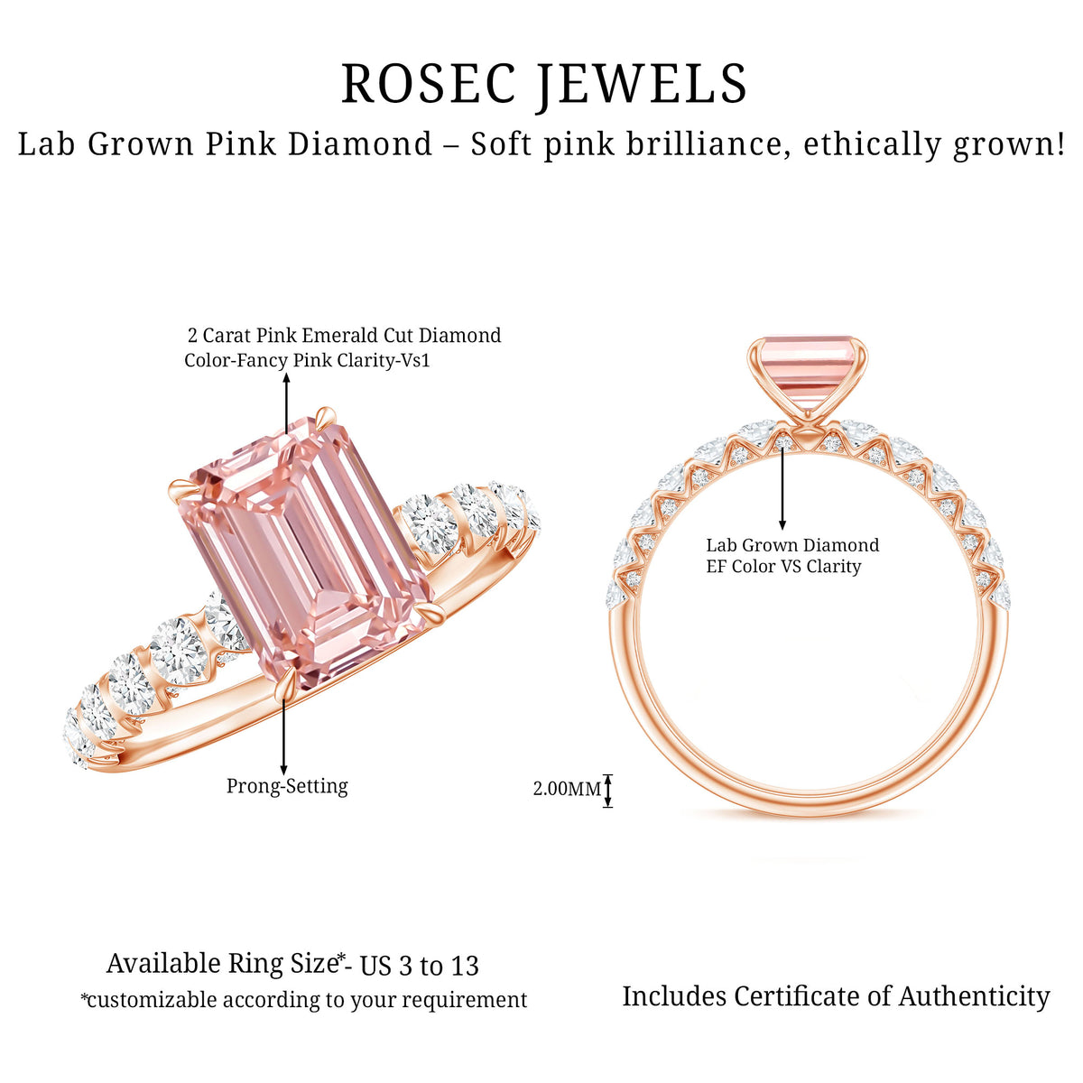 Rosec Jewels-IGI Certified 2 Carat Lab Grown Pink Diamond Emerald Cut Engagement Ring