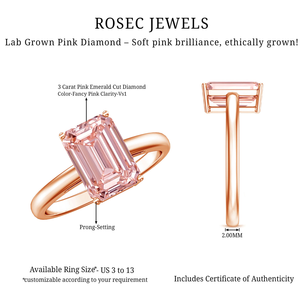 Rosec Jewels-3 Carat Lab Pink Diamond Emerald Cut Solitaire Engagement Ring with IGI Certificate