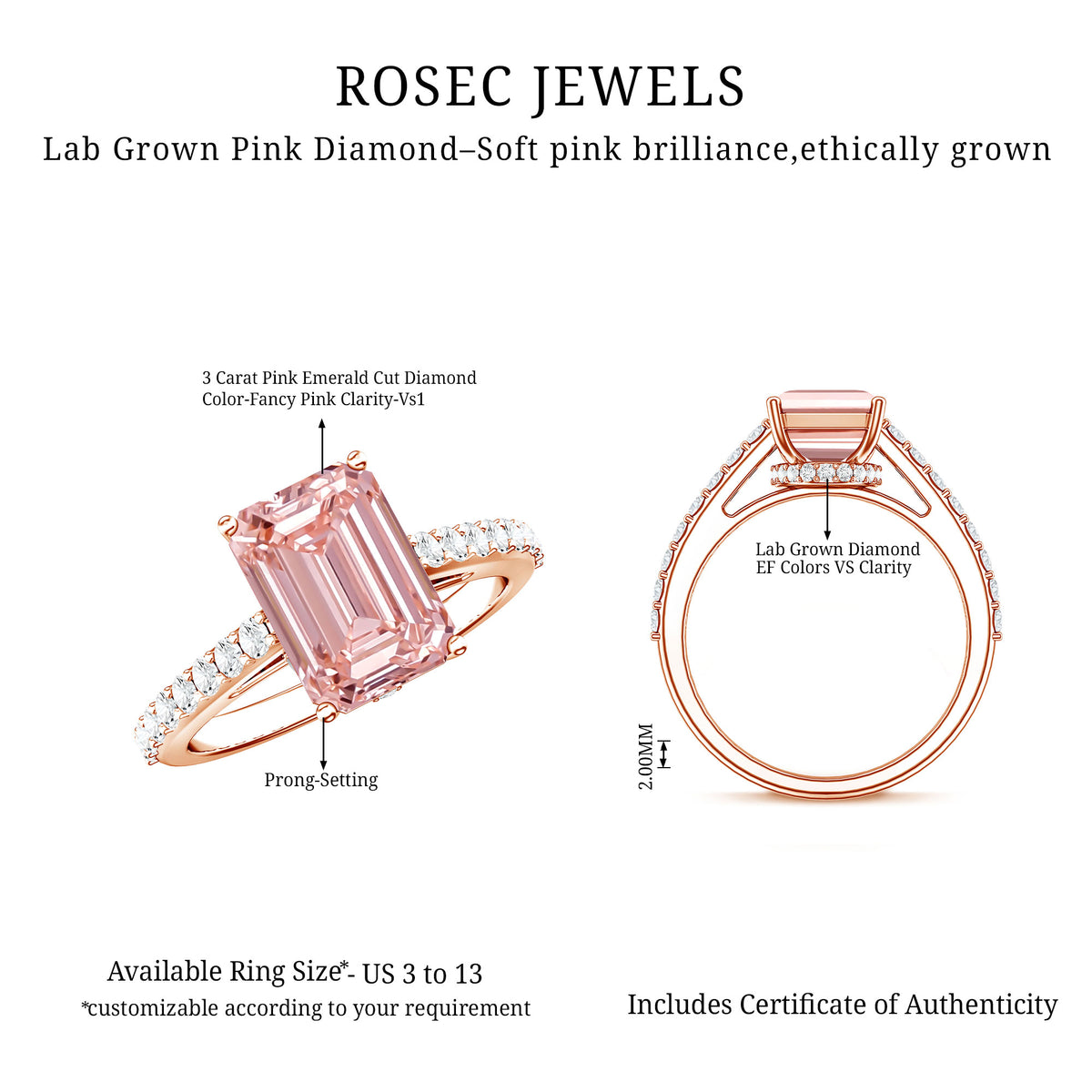 3 Carat Emerald Cut Lab Pink Diamond Hidden Halo Engagement Ring IGI Certified Fancy Pink - VS1 - Rosec Jewels