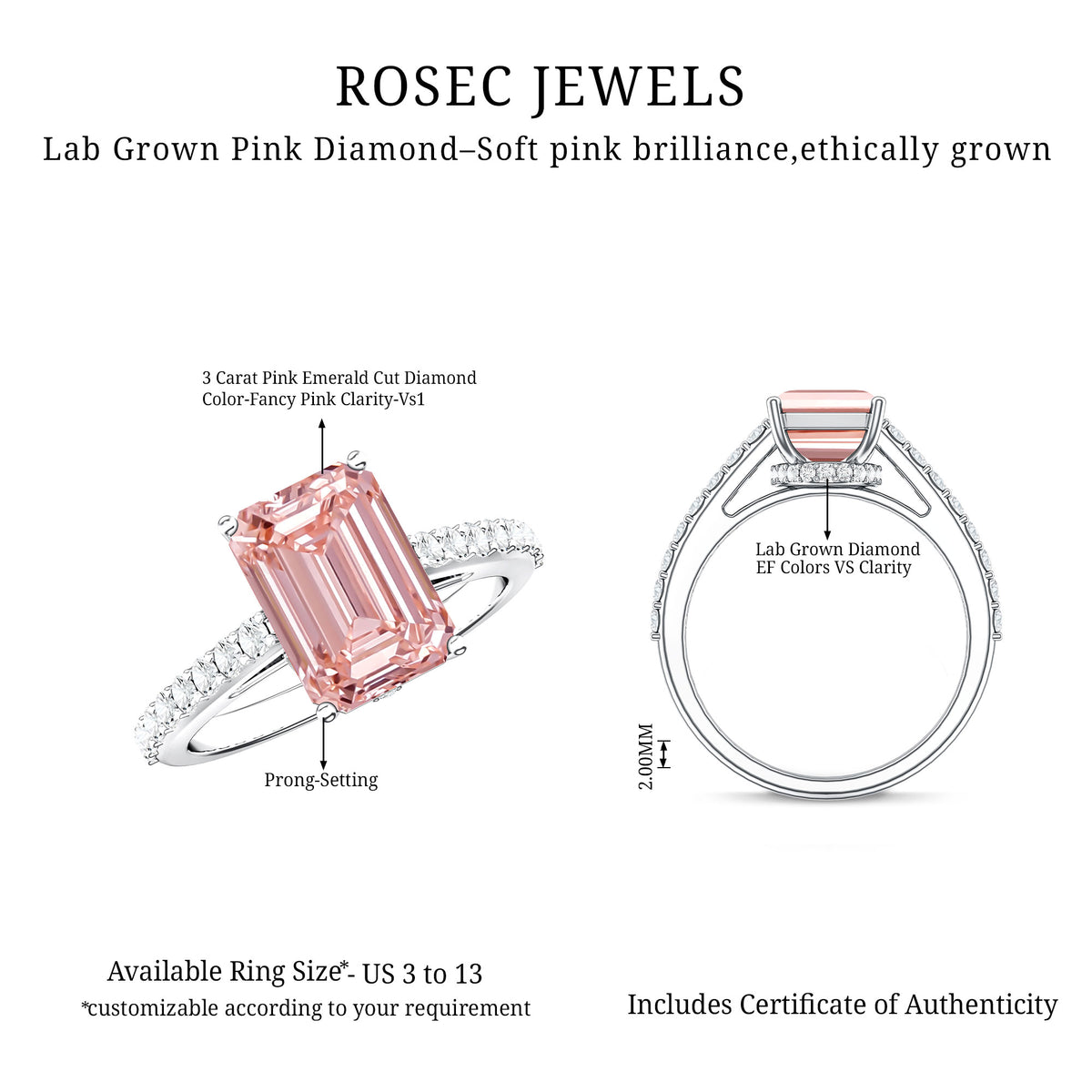 3 Carat Emerald Cut Lab Pink Diamond Hidden Halo Engagement Ring IGI Certified Fancy Pink - VS1 - Rosec Jewels