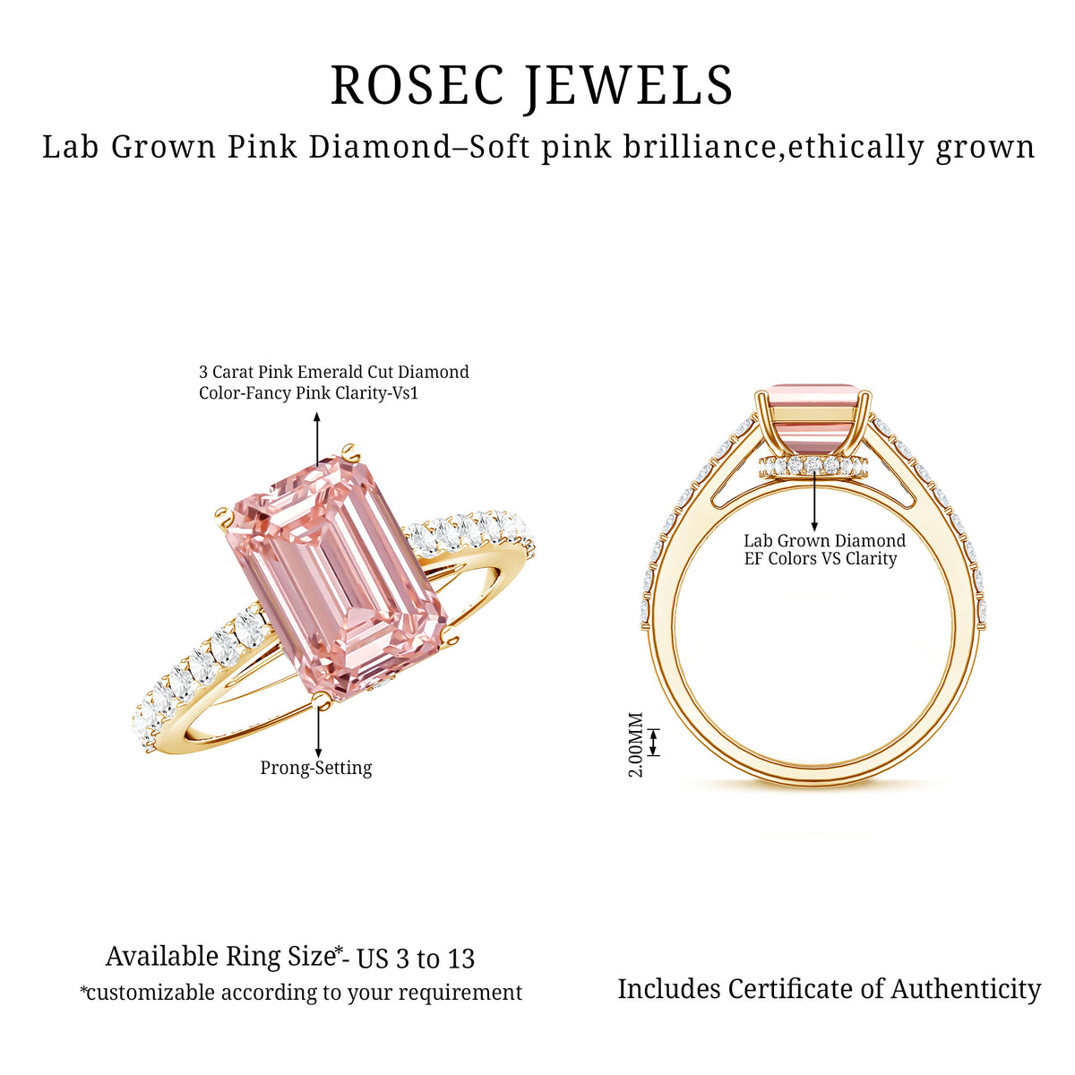 3 Carat Emerald Cut Lab Pink Diamond Hidden Halo Engagement Ring IGI Certified Fancy Pink - VS1 - Rosec Jewels