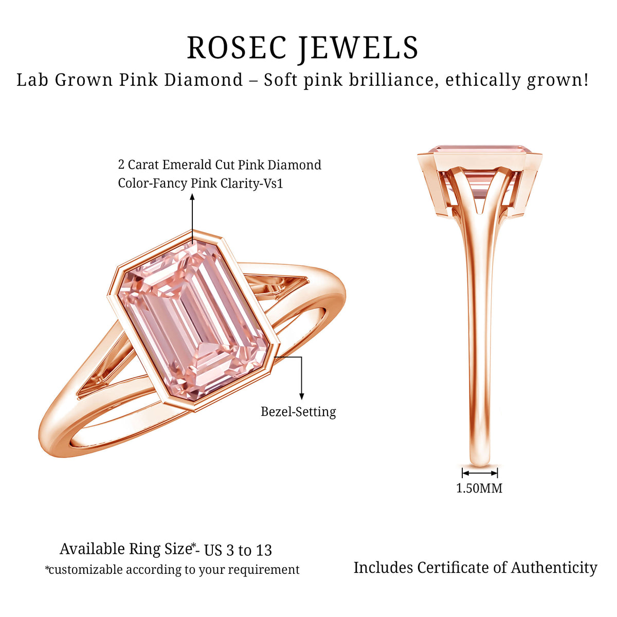 Rosec Jewels-IGI Graded 2 Carat Emerald Cut Split Shank Engagement Ring with Lab Grown Pink Diamond