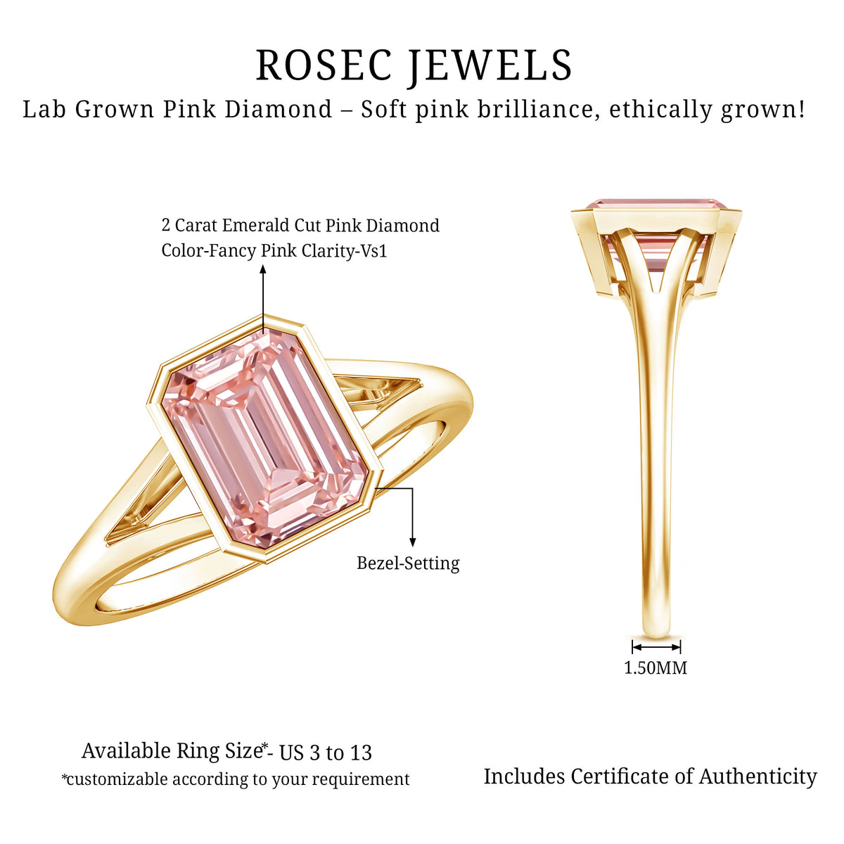 Rosec Jewels-IGI Graded 2 Carat Emerald Cut Split Shank Engagement Ring with Lab Grown Pink Diamond