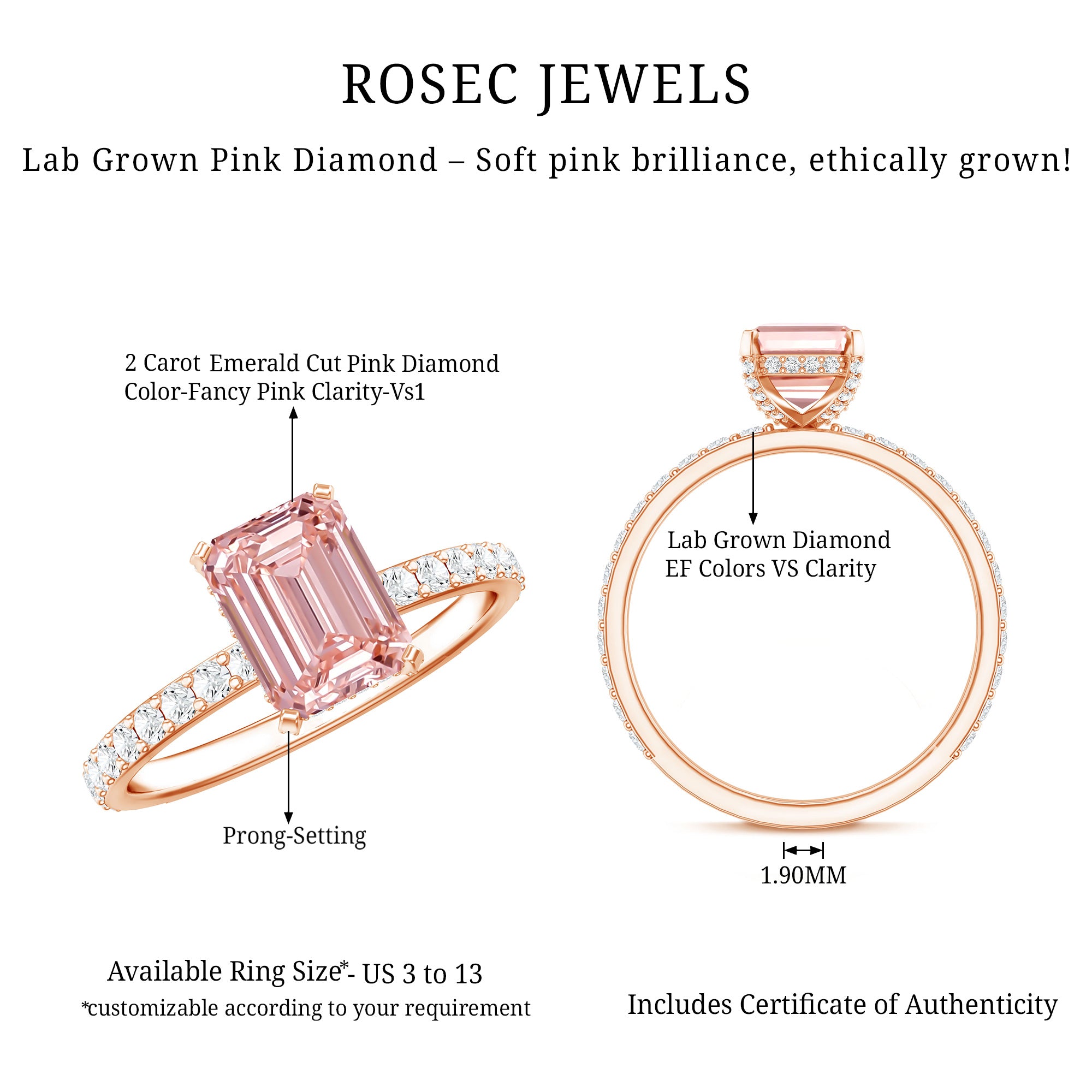 Rosec Jewels-IGI Certified 2 Carat Emerald Cut Lab Pink Diamond Engagement Ring for Her