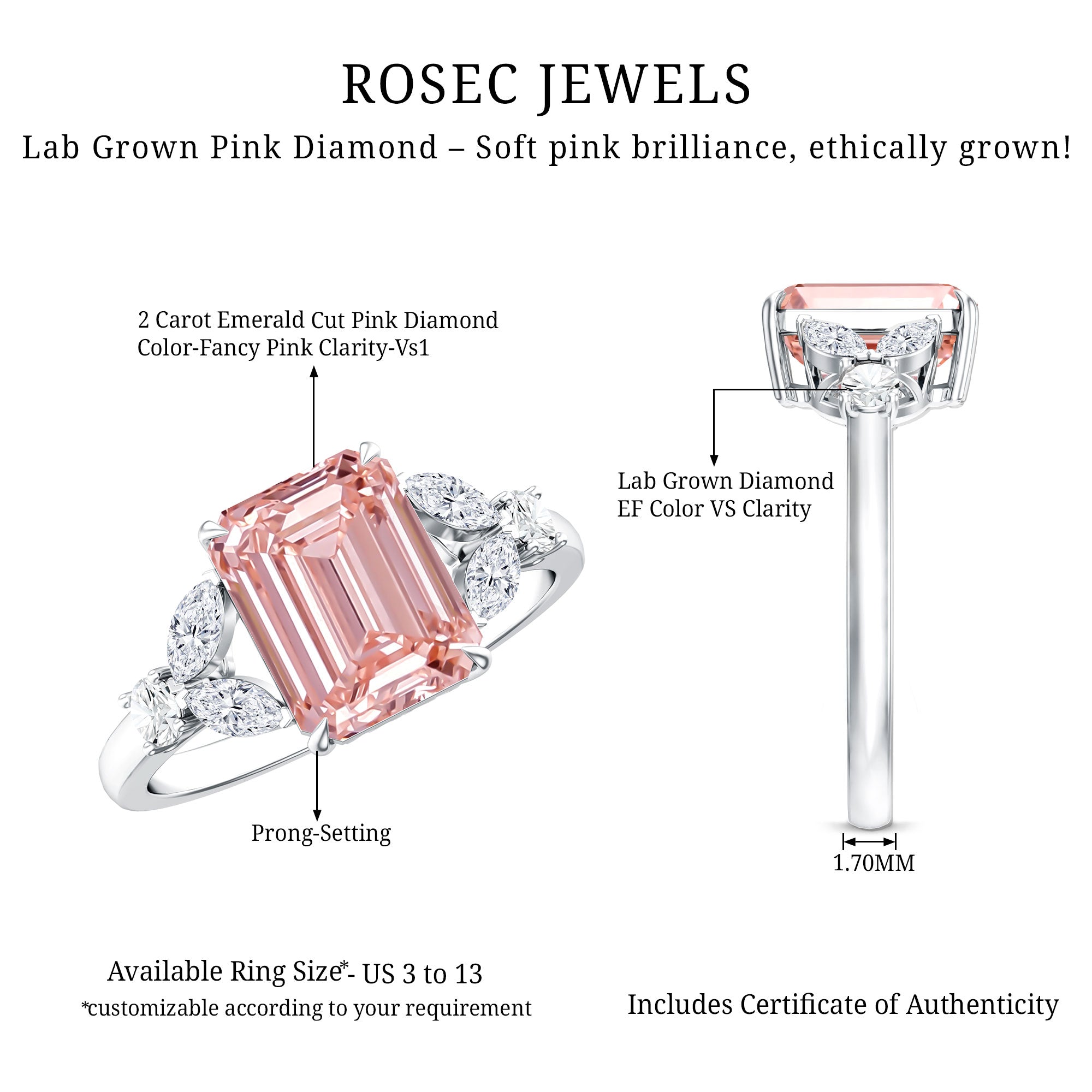 Rosec Jewels-IGI Authenticated 2 Carat Lab Grown Pink Diamond Emerald Cut Engagement Ring
