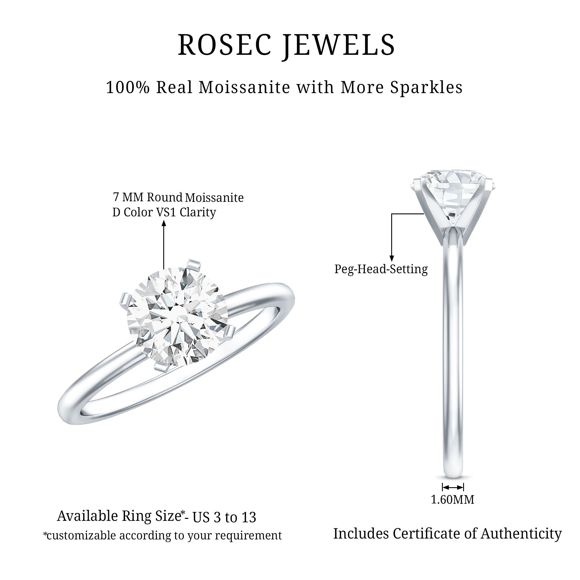 Rosec Jewels-Peg Headset Solitaire Moissanite Ring for Women