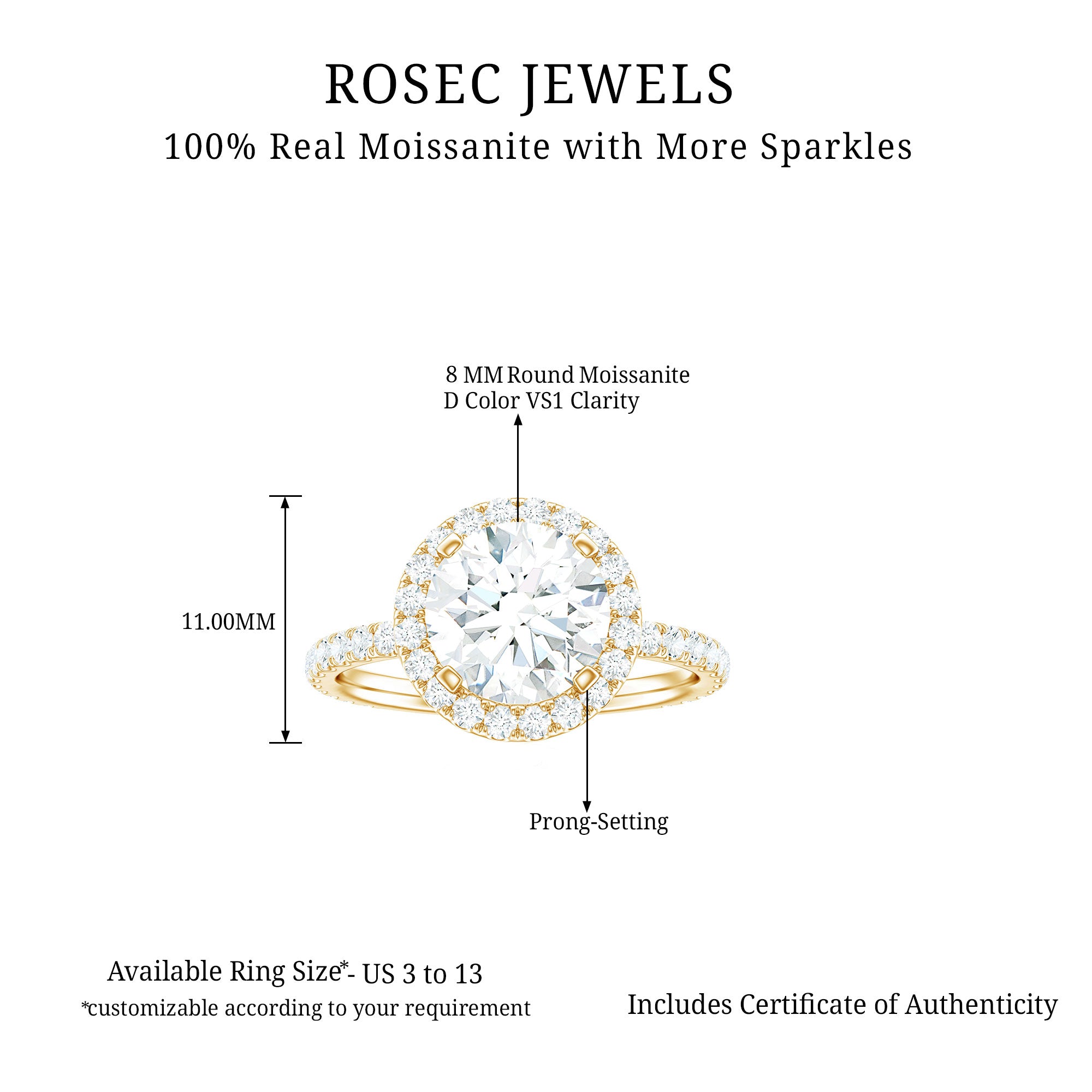 Round Moissanite Classic Halo Engagement Ring in Gold Moissanite - ( D-VS1 ) - Color and Clarity - Rosec Jewels