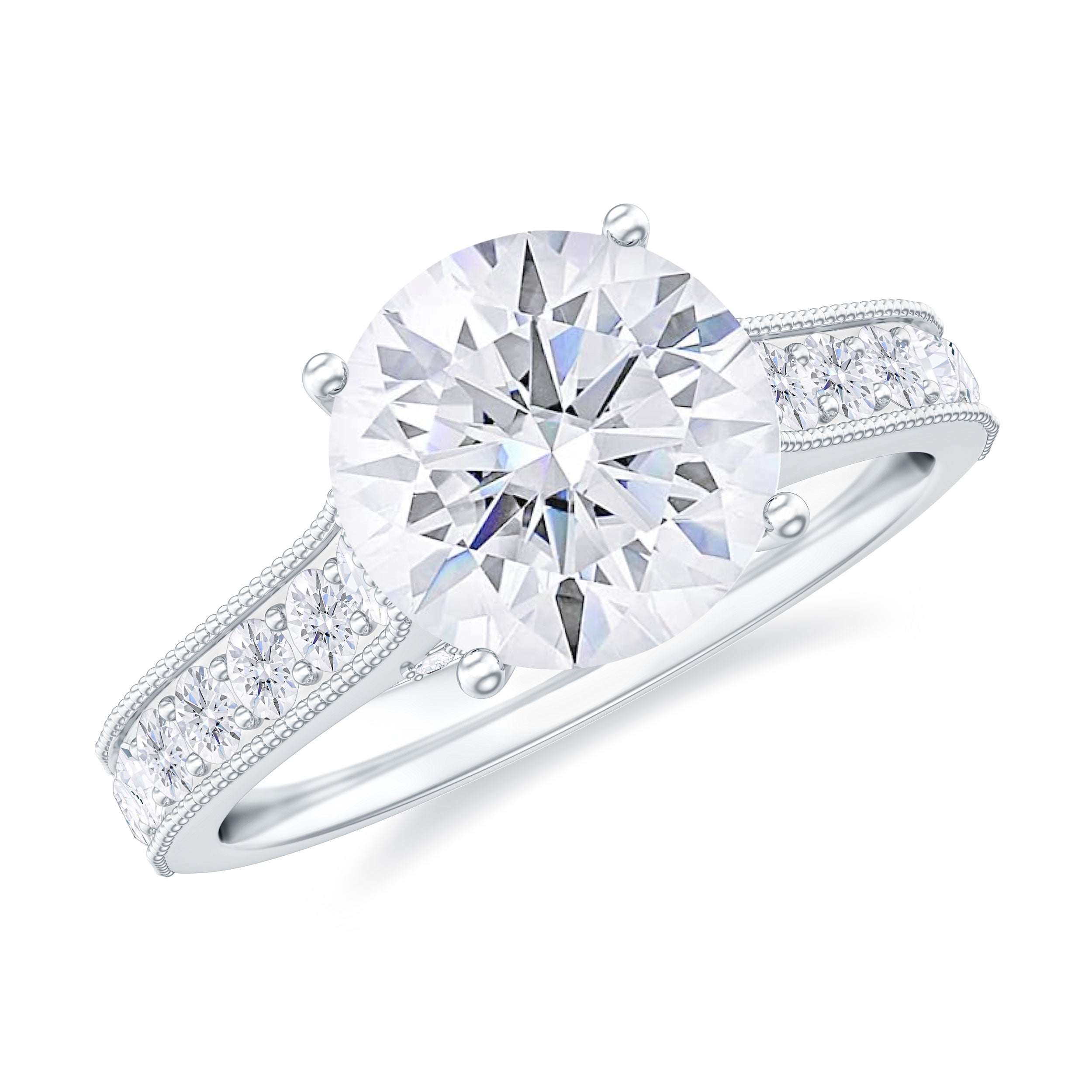 Solitaire Certified Moissanite Engagement Ring with Side Stones Moissanite - ( D-VS1 ) - Color and Clarity 92.5 Sterling Silver 7 - Rosec Jewels