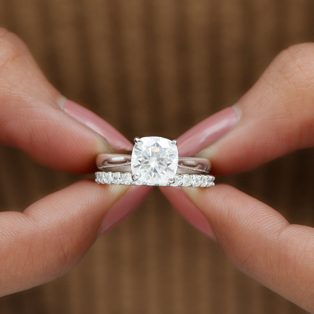 Rosec Jewels - Cushion Cut Solitaire Moissanite Bridal Ring Set