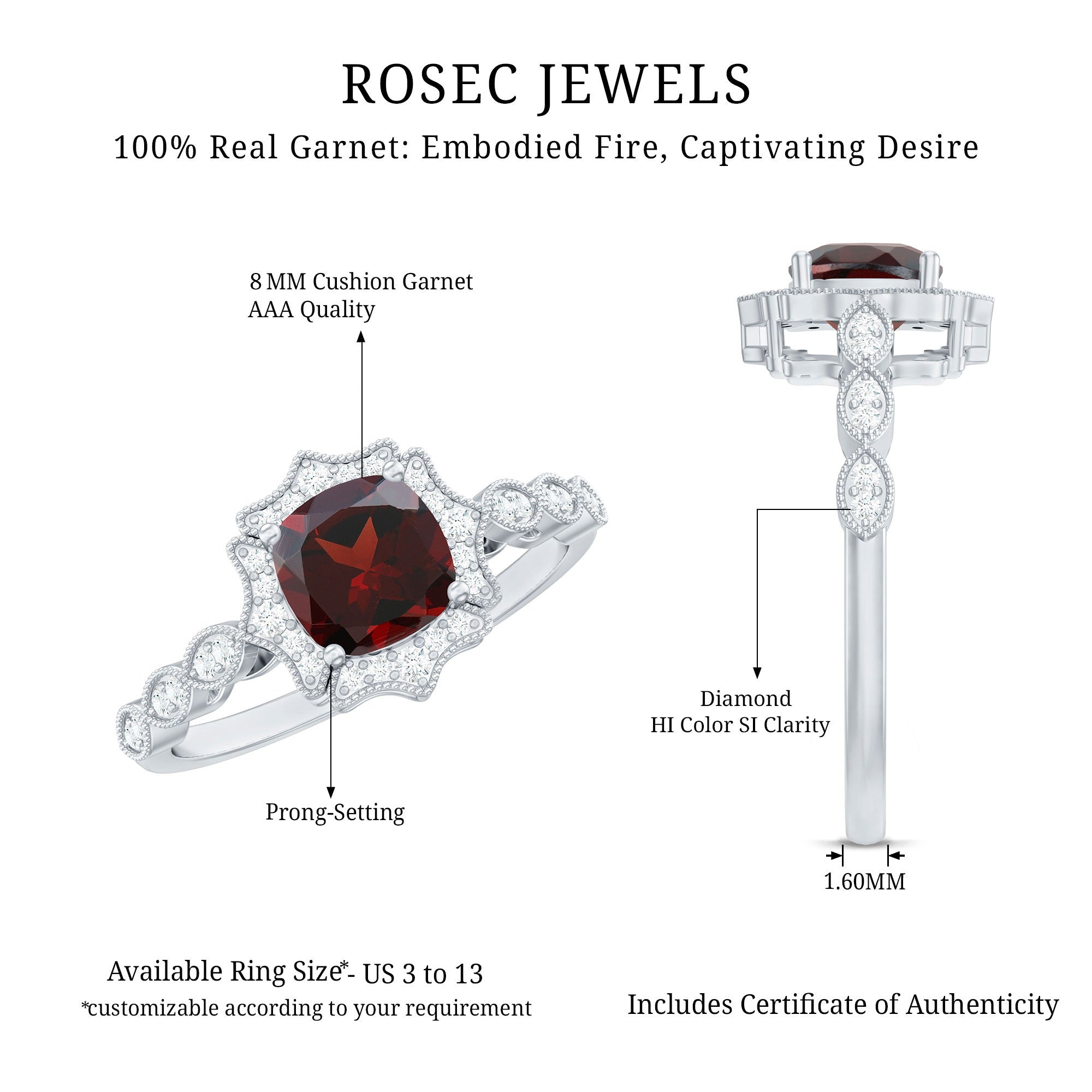 Rosec Jewels-Vintage Looking 8mm Garnet Cushion Cut Engagement Ring with Diamond