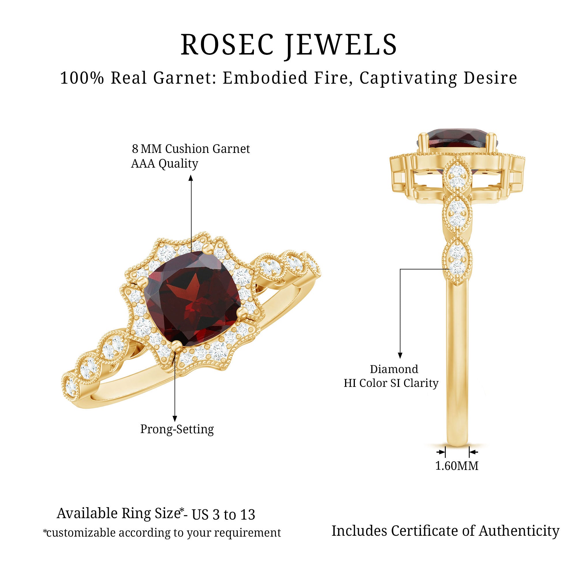 Rosec Jewels-Vintage Looking 8mm Garnet Cushion Cut Engagement Ring with Diamond