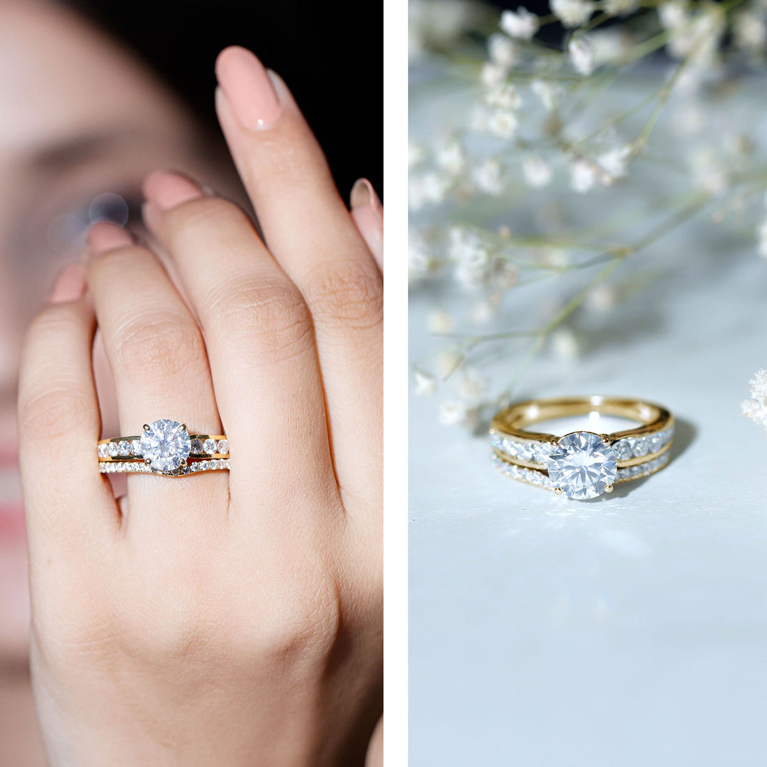 Rosec Jewels moissanite engagement ring sparkling on a hand