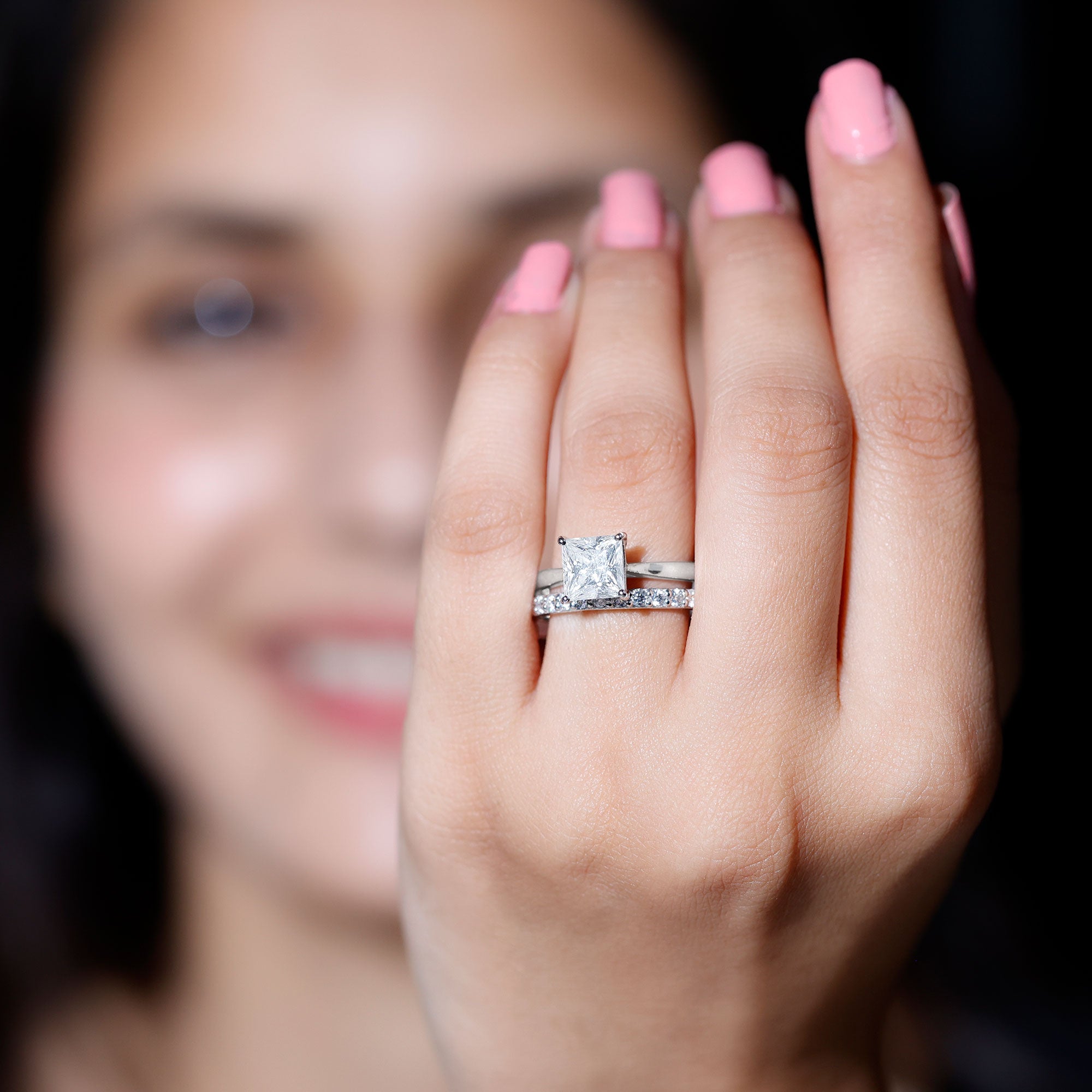 Certified 3 Carat Princess Cut Moissanite Engagement Ring with Wedding Band D-VS1 - Rosec Jewels