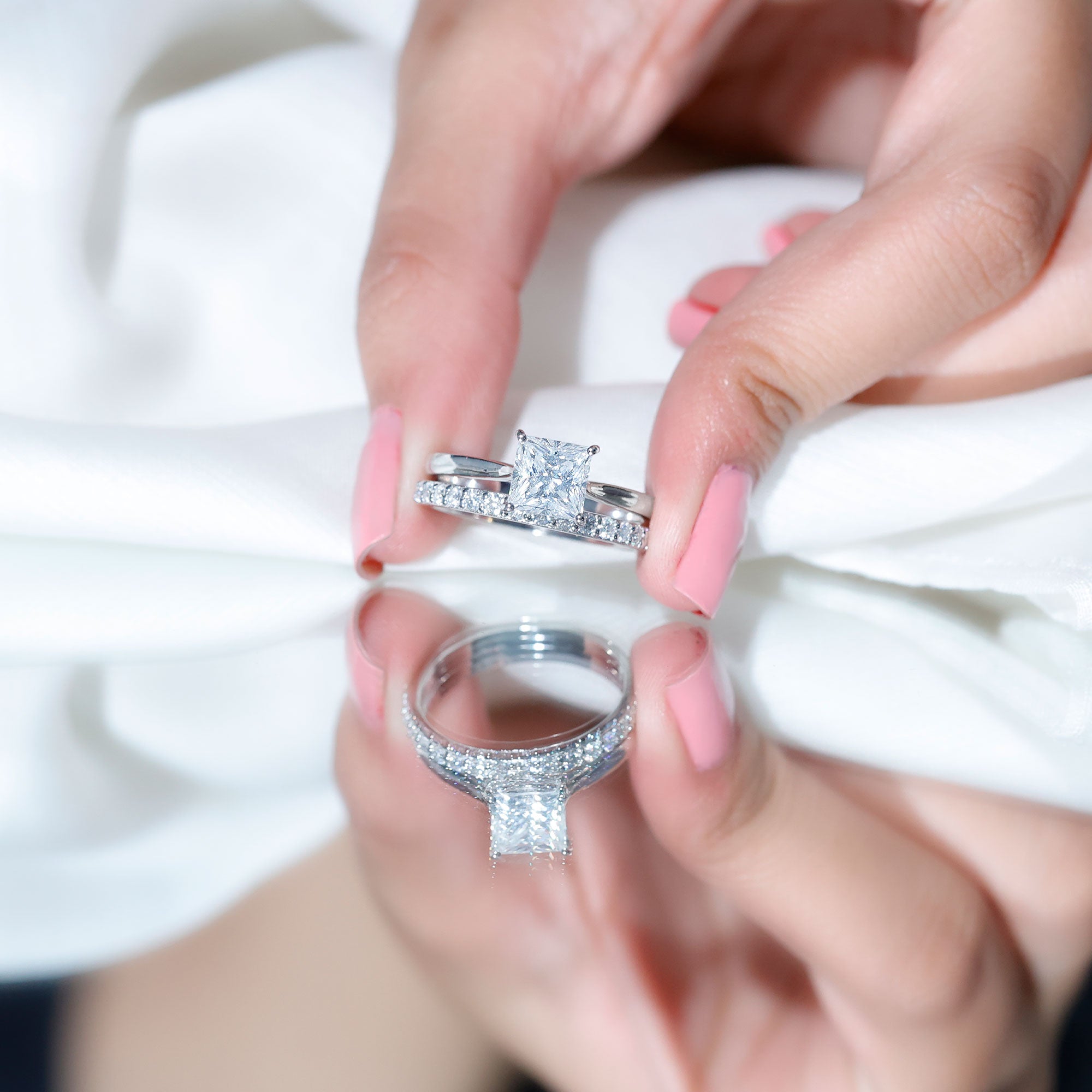 Certified 3 Carat Princess Cut Moissanite Engagement Ring with Wedding Band D-VS1 - Rosec Jewels