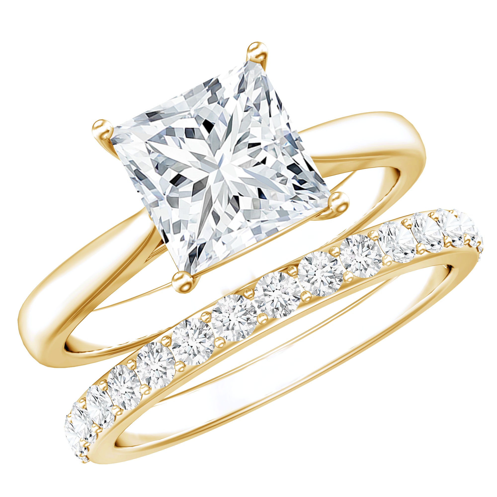 Certified 3 Carat Princess Cut Moissanite Engagement Ring with Wedding Band D-VS1 - Rosec Jewels