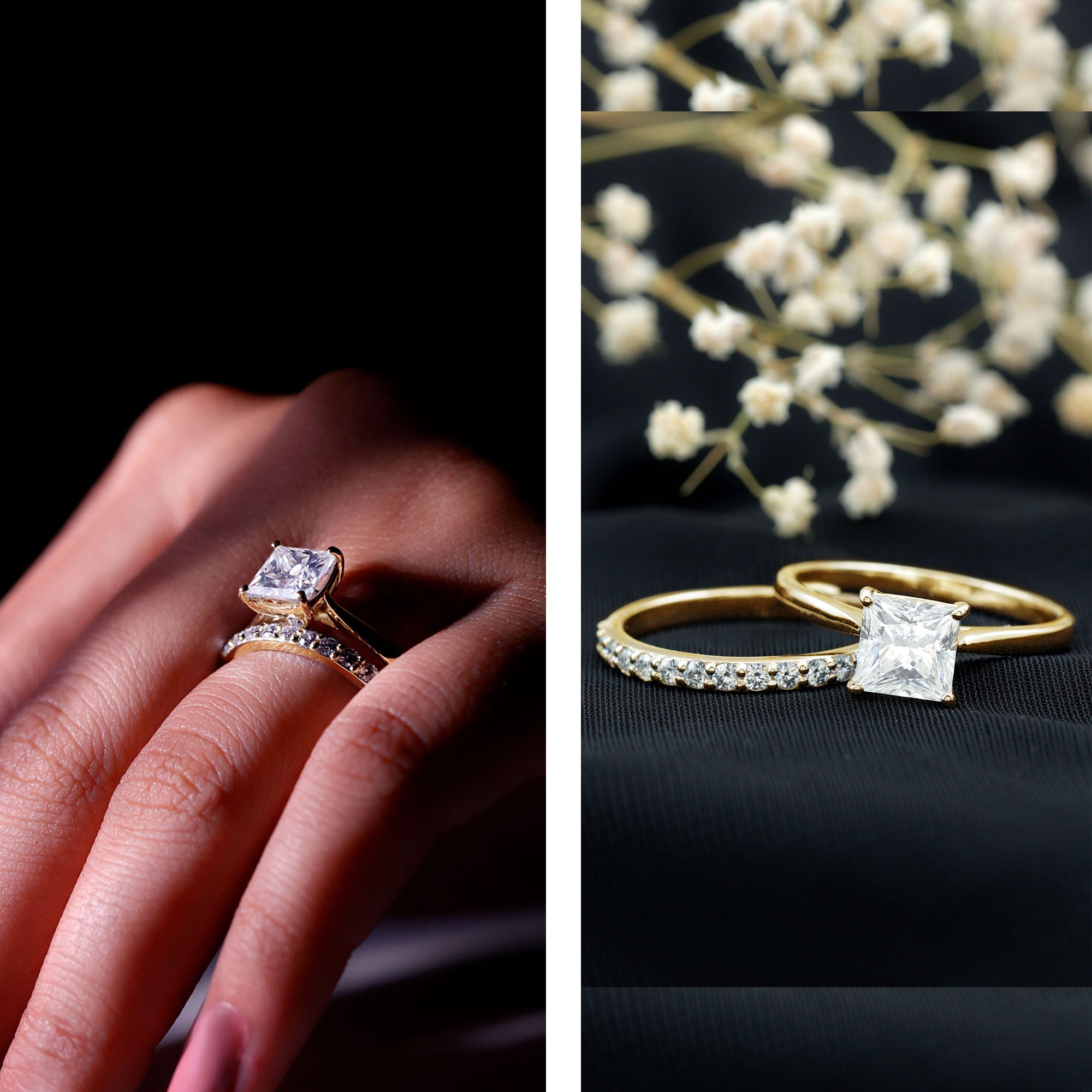 Certified 3 Carat Princess Cut Moissanite Engagement Ring with Wedding Band D-VS1 - Rosec Jewels