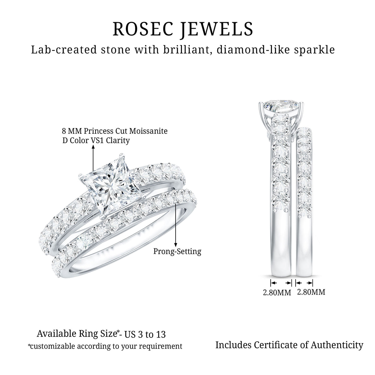 Princess Cut Moissanite Engagement Ring with Wedding Band D-VS1 - Rosec Jewels