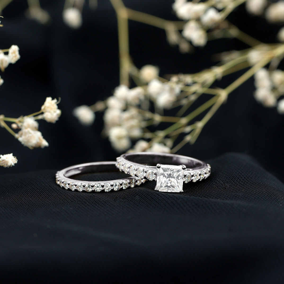Princess Cut Moissanite Engagement Ring with Wedding Band D-VS1 - Rosec Jewels