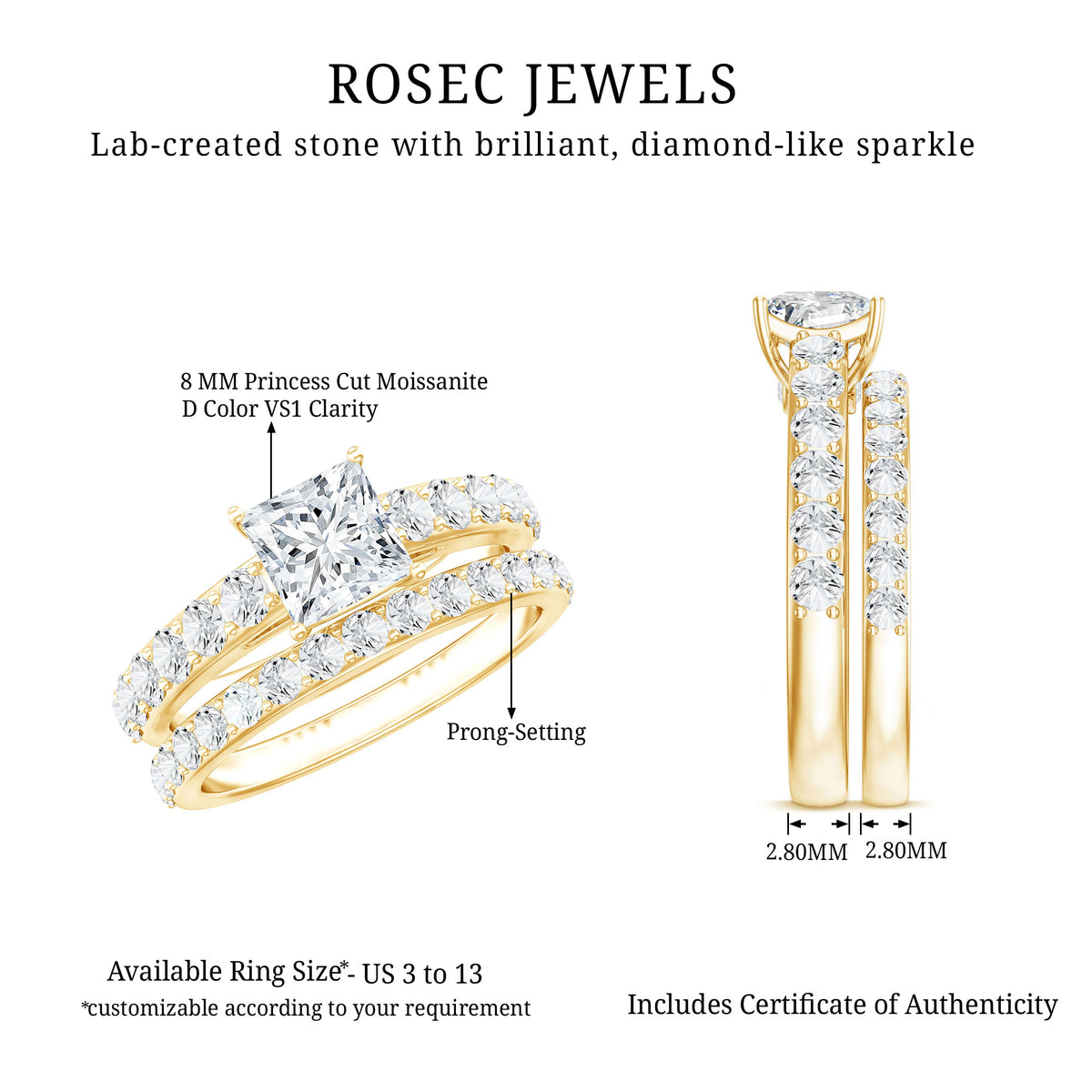 Princess Cut Moissanite Engagement Ring with Wedding Band D-VS1 - Rosec Jewels