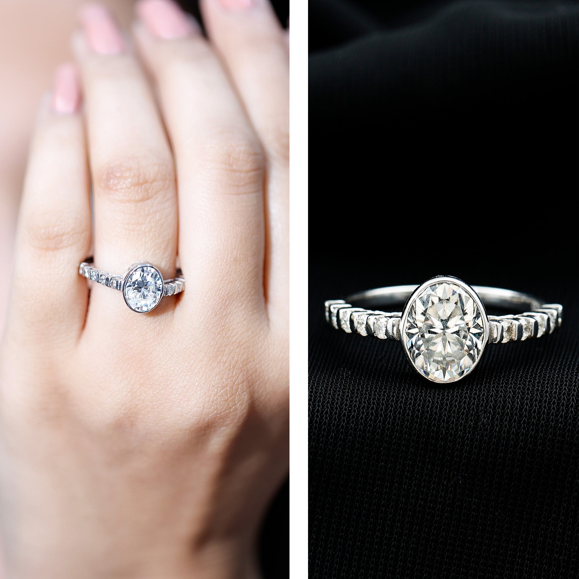 Bezel Set Moissanite Oval Engagement Ring with Side Stones D-VS1 - Rosec Jewels