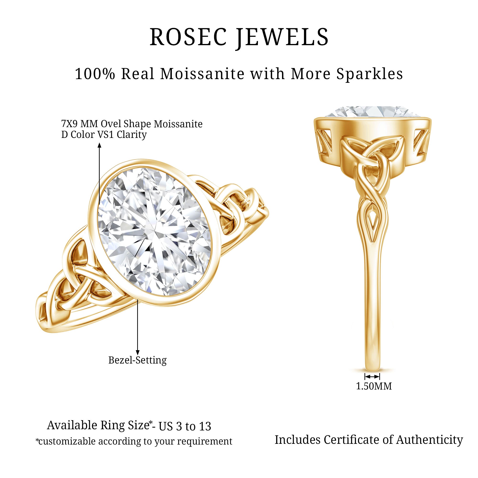 Rosec Jewels-Solitaire Moissanite Celtic Engagement Ring in Bezel Setting