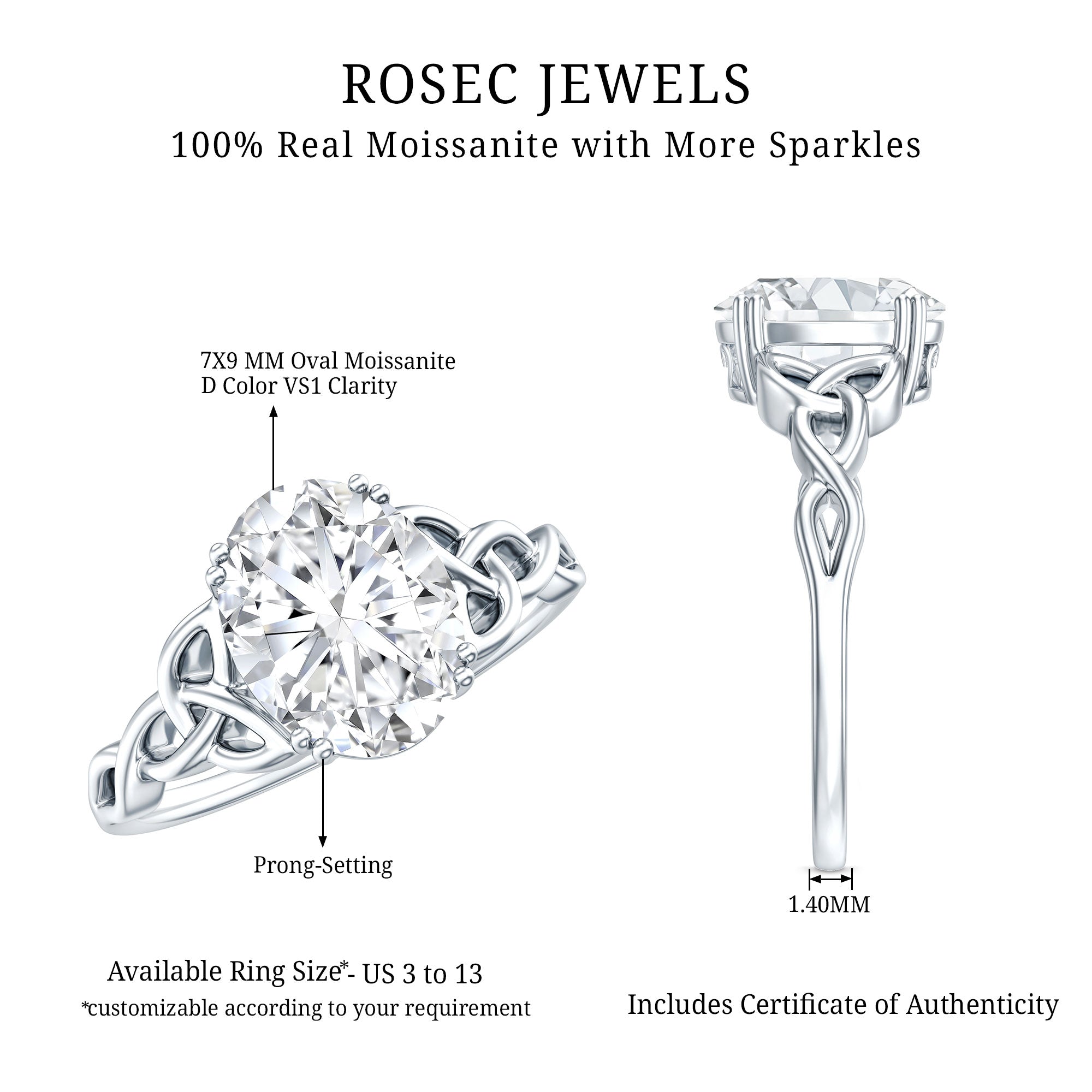 Rosec Jewels-Oval Moissanite Engagement Ring with Celtic Band